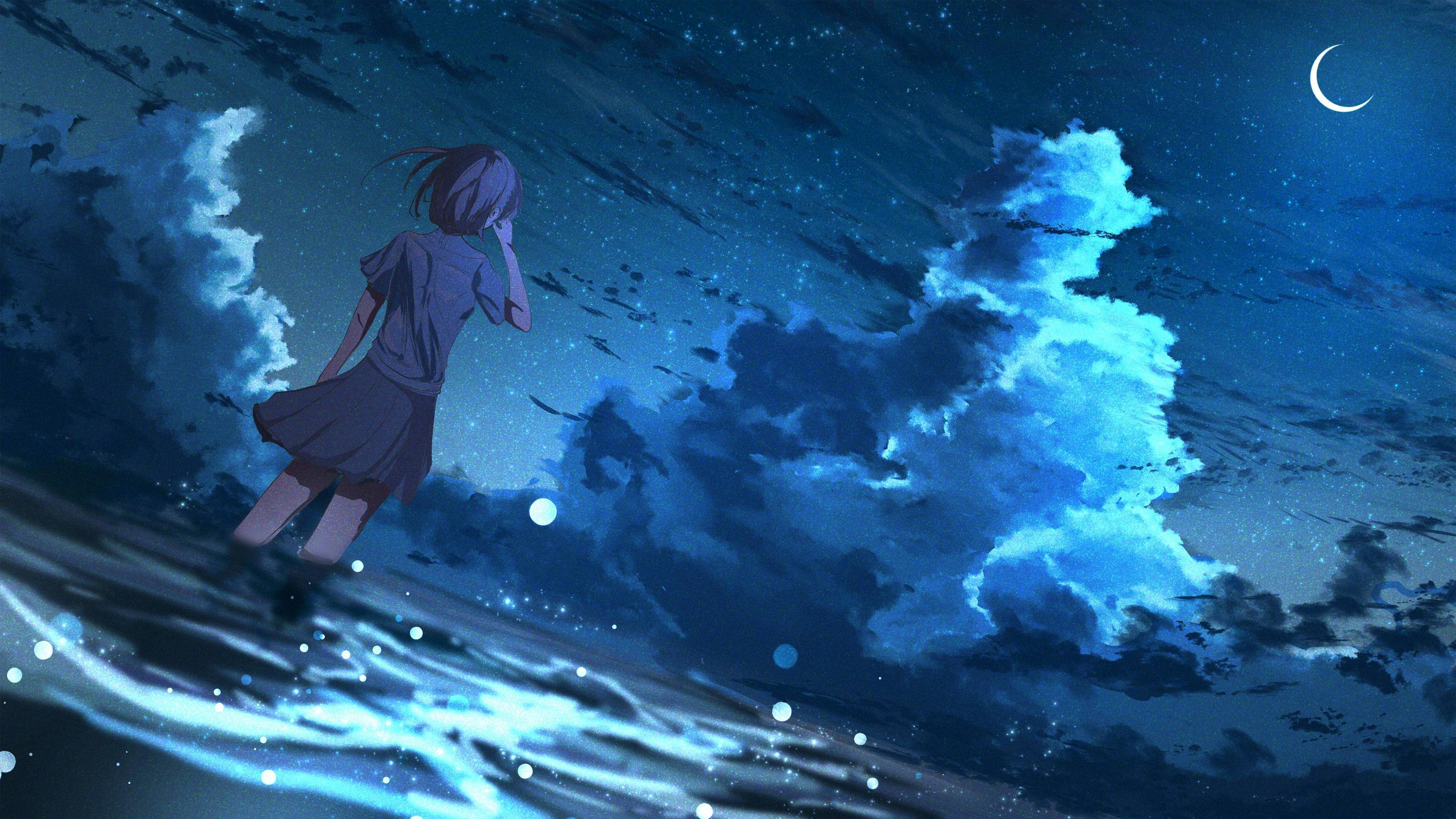 3456x1944 Anime Girl in Half Moon Night 4K 4K Wallpaper, HD Anime 4K Wallpaper, Image, Photo and Background