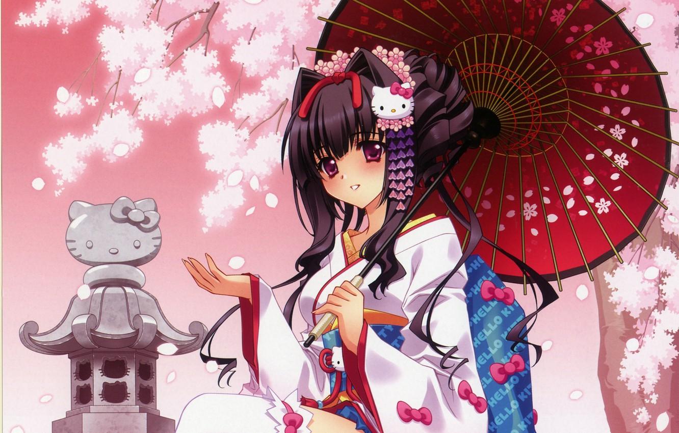 1332x850 Wallpaper girl, sakura, kitty, hello, kimono, memoirs of a geisha image for desktop, section прочее