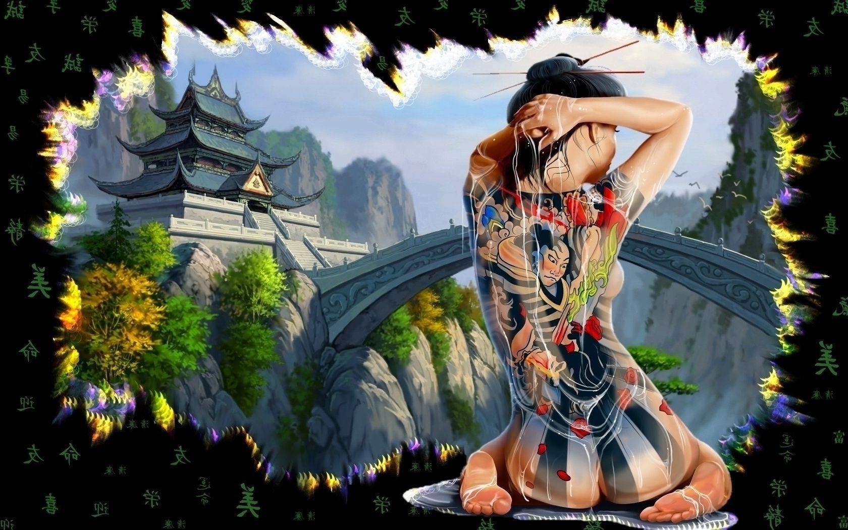 1680x1050 Japan castle geisha tattoo Yakuza girl back