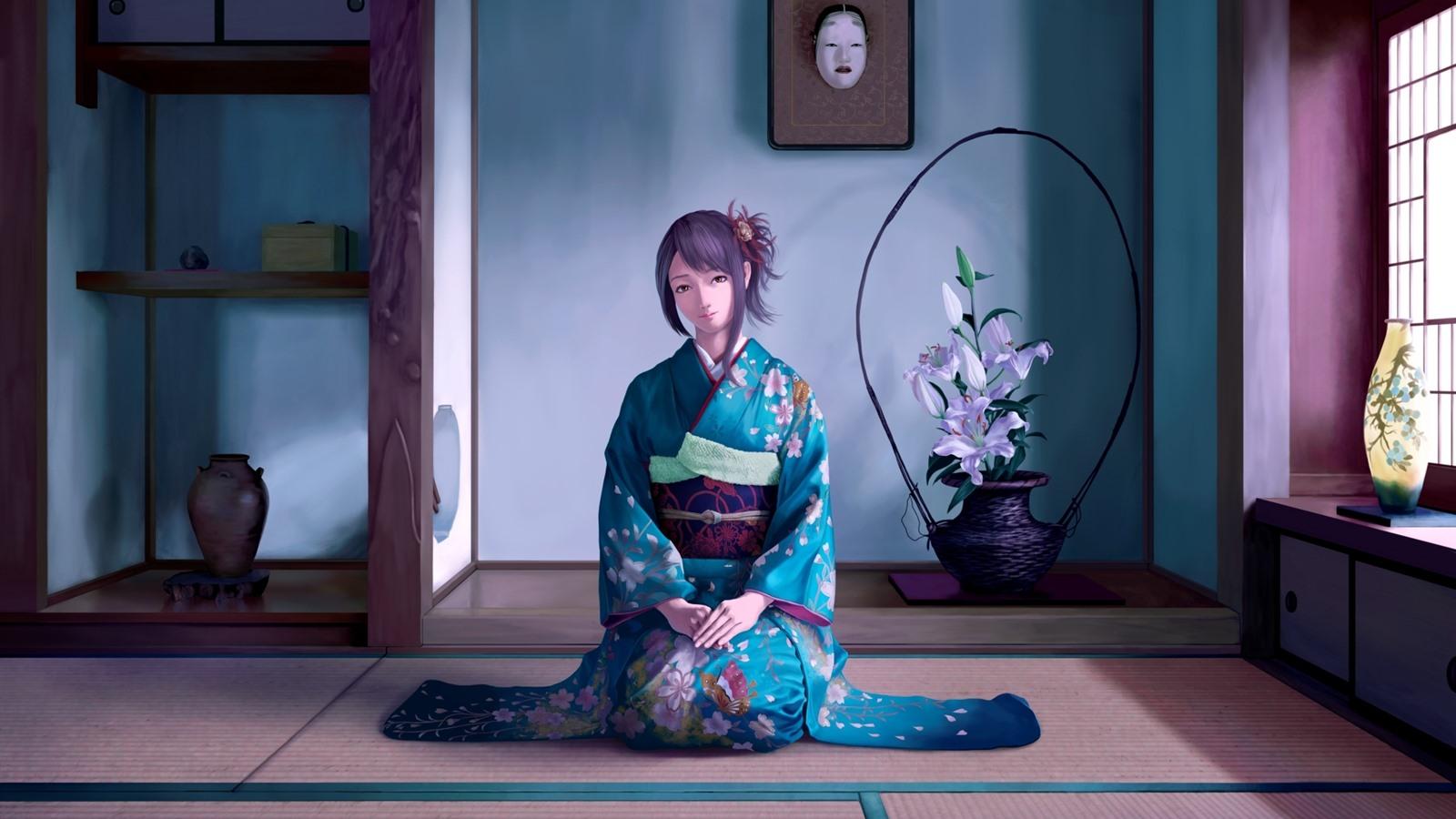 1600x900 Wallpaper Beautiful Japanese anime girl, blue kimono, room 1920x1440 HD Picture, Image