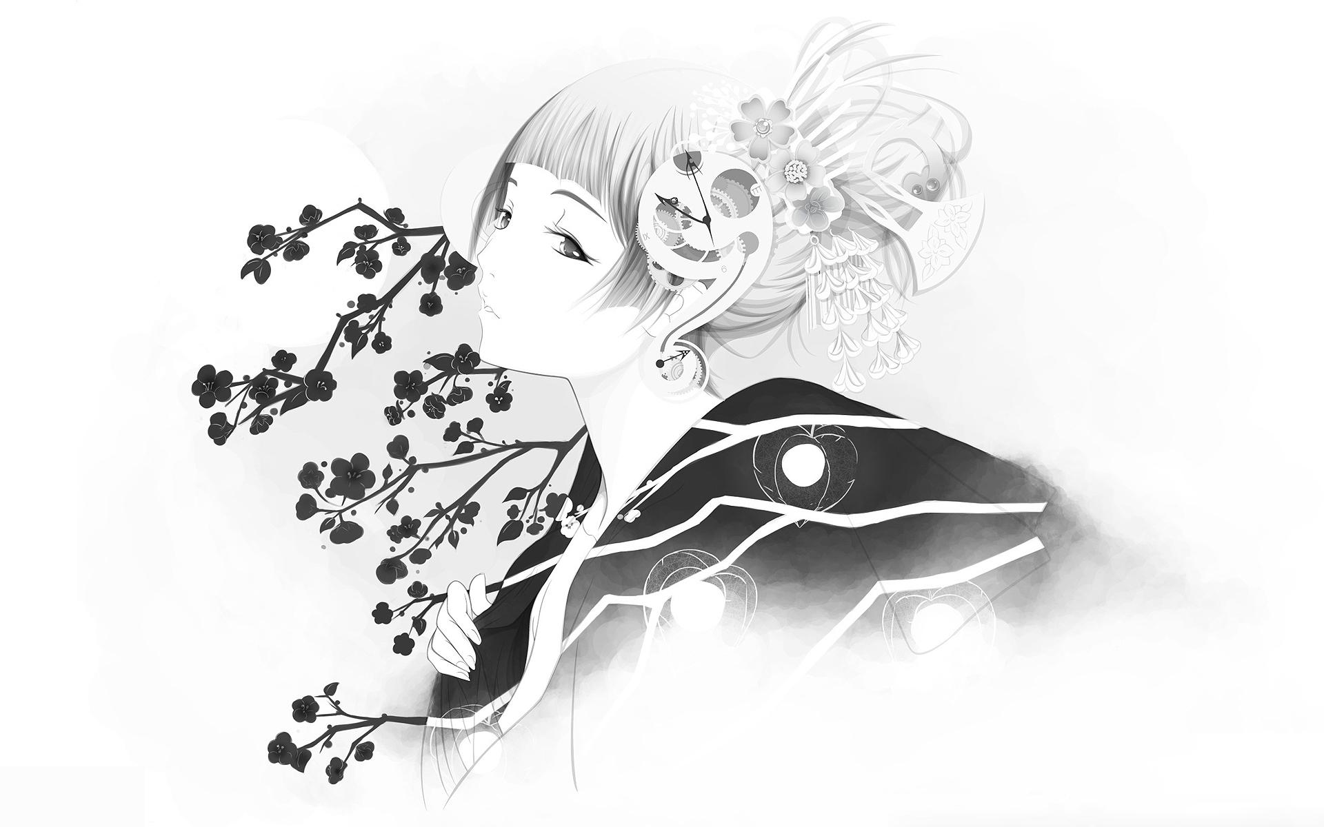 1920x1200 art, bw, girl, anime, black, manga, kimono, geisha
