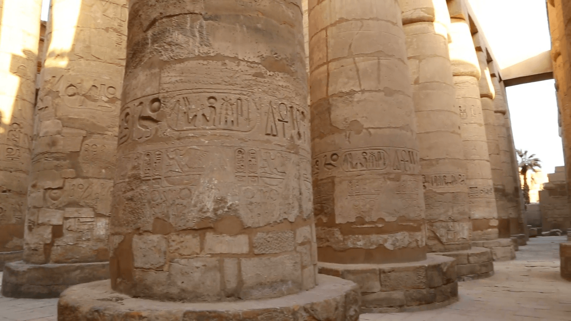 1920x1080 columns in karnak temple with ancient egypt hieroglyphics Stock
