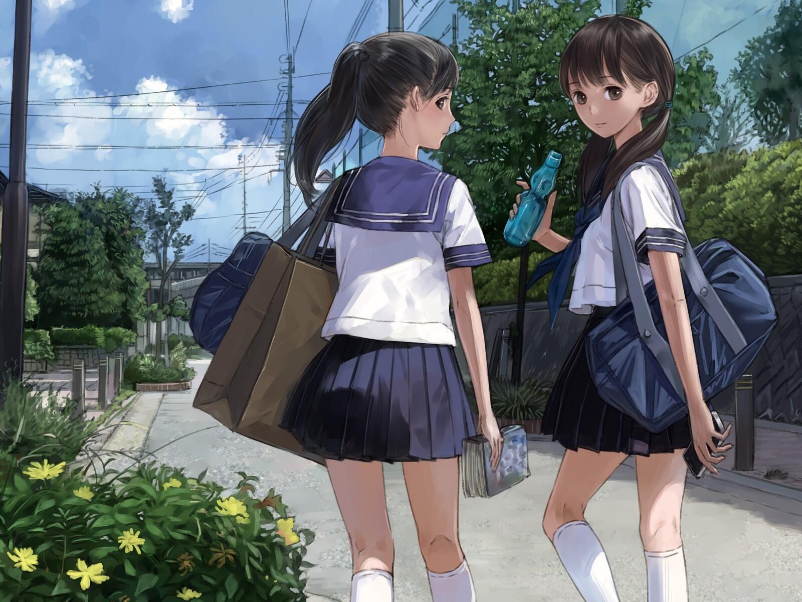 1600x1200 Anime Girl Going School In Uniform 1600x1200 Resolution HD 4k Wallpaper, Image, Background, Photo and Picture