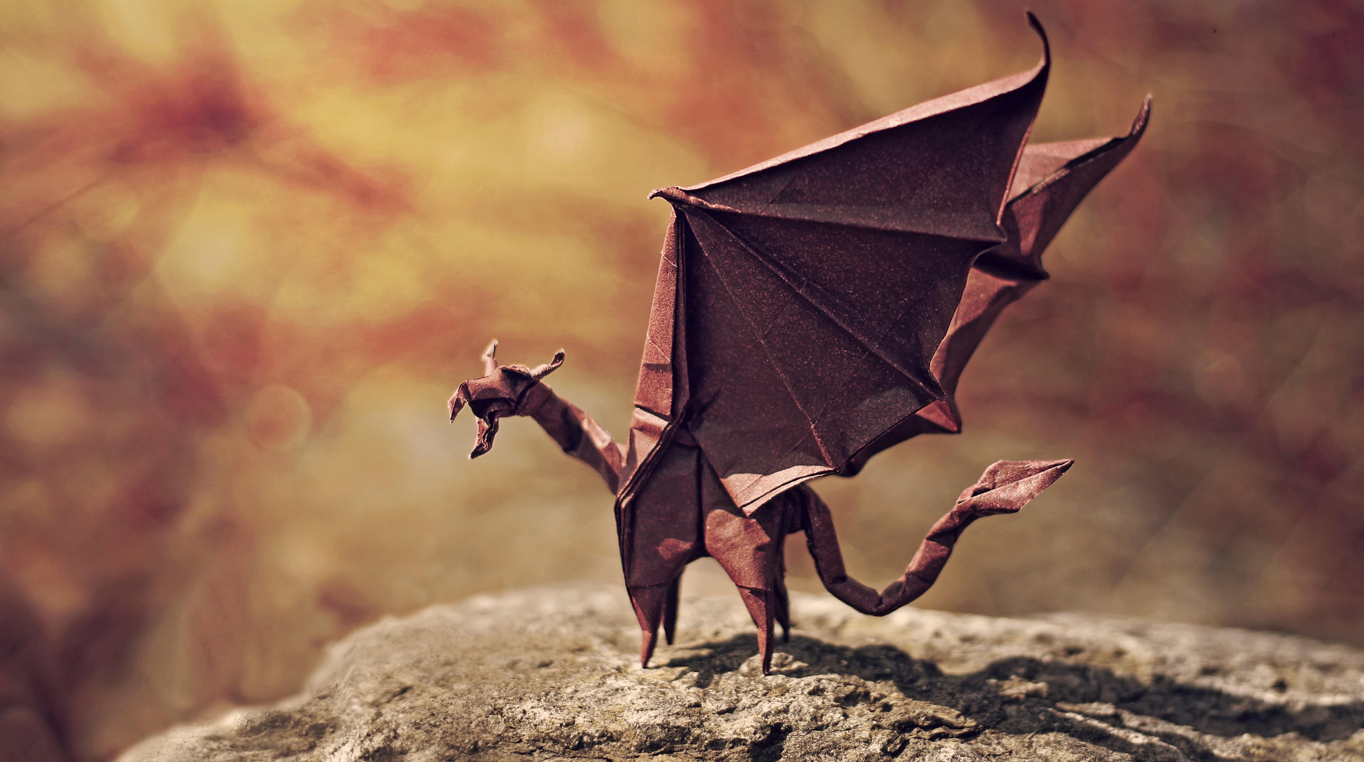 4561x2550 dragon, Origami, Artwork, Wings, Stone, Tail, Depth Of Field, Paper, Nature, Shadow, Miniatures Wallpaper HD / Desktop and Mobile Background