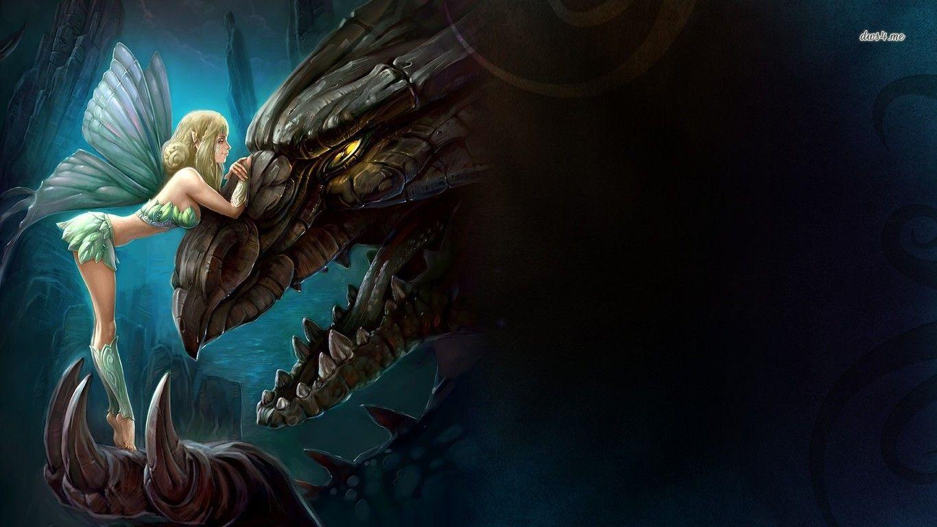1366x768 Fantasy Dragons And Women. Pixie and a stone dragon wallpaper wallpaper - Fantasy dragon, Fantasy, Cartoon dragon