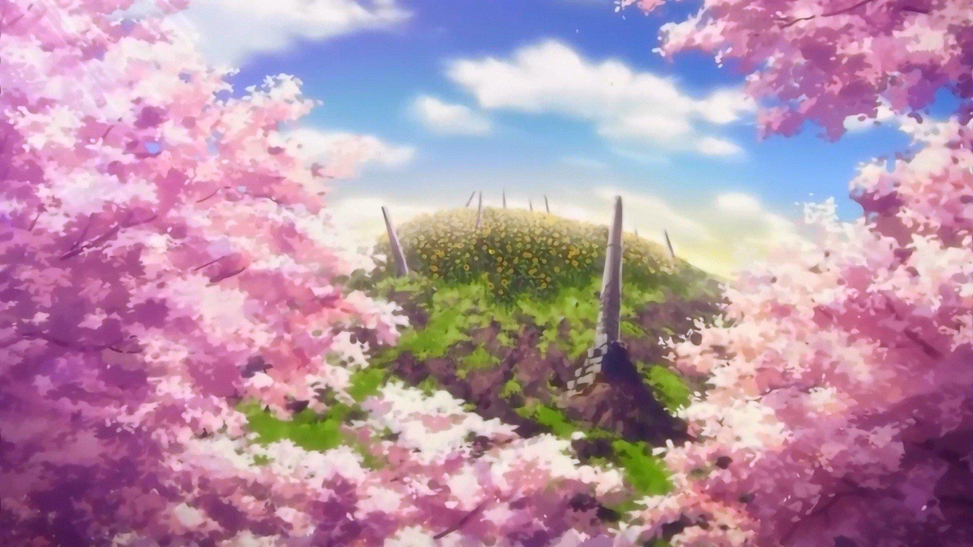 1920x1080 Clouds cherry blossoms hills anime cherry tree sun rays sun flower wallpaperx1080