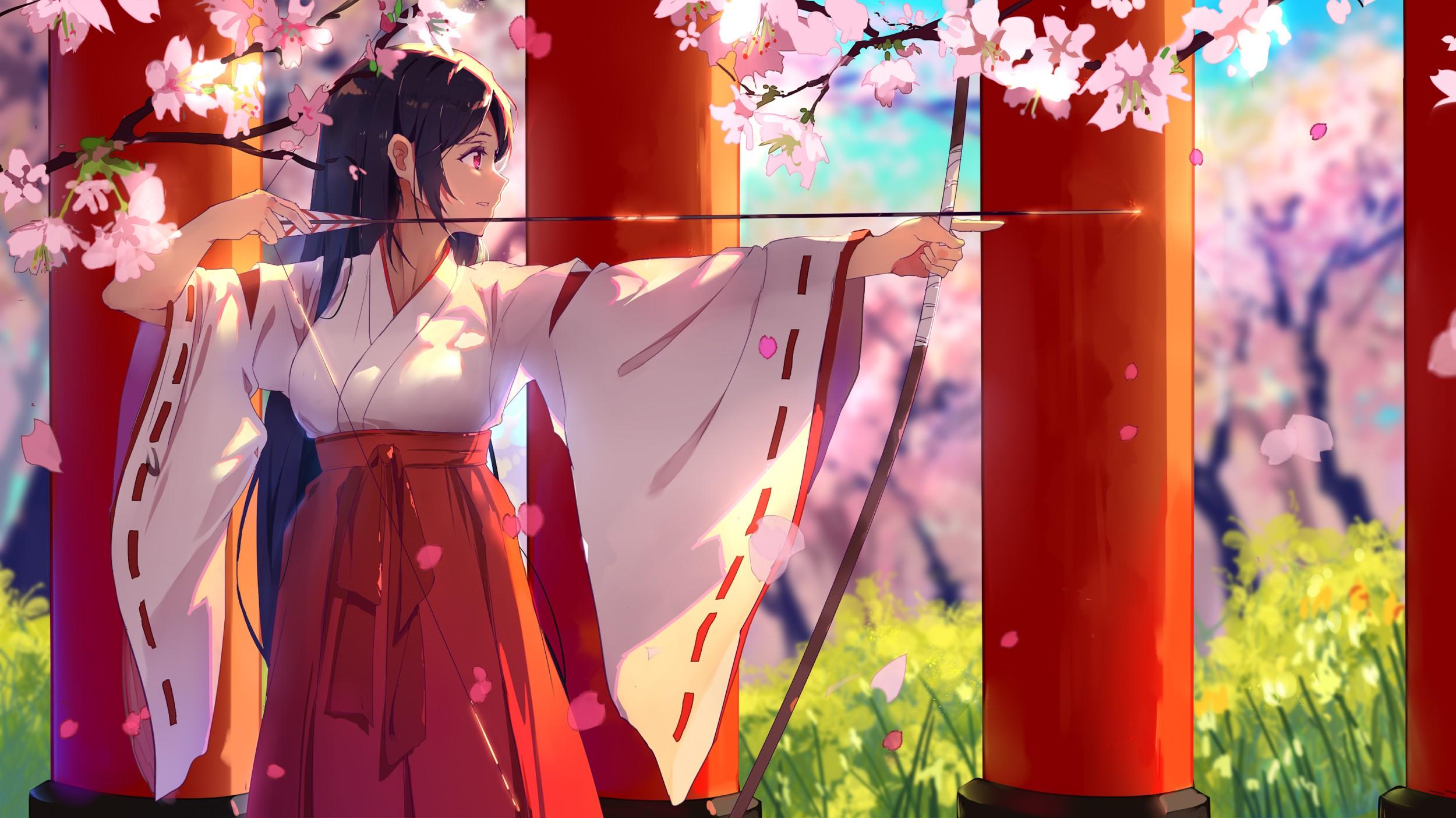 2500x1405 #cherry blossom, #miko, #anime girls, #Japanese kimono, #bow, #red eyes, #Arrow, #brunette, #anime, wallpaper. Mocah HD Wallpaper
