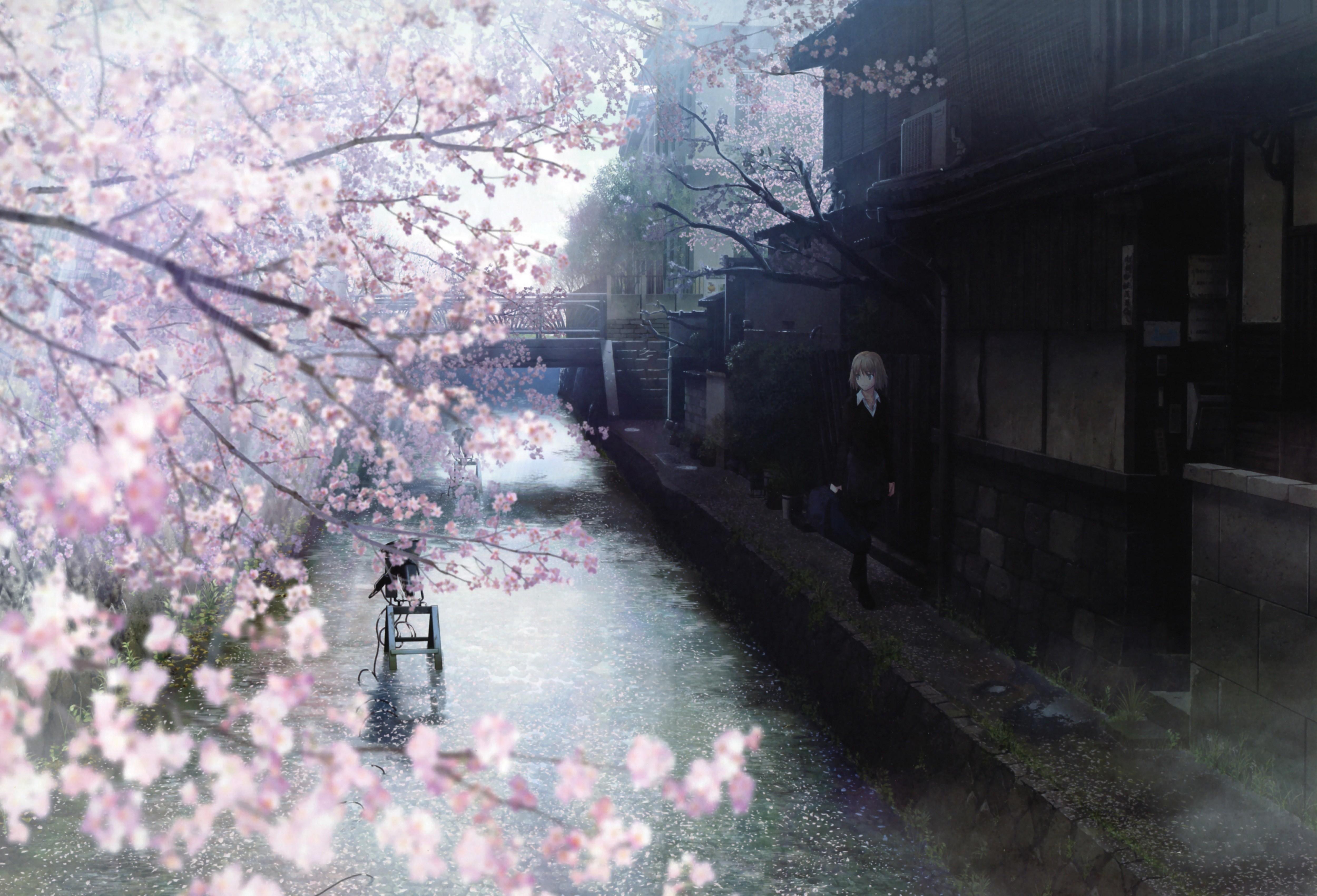5000x3403 water cherry blossoms japanese spring watercolor anime girls branches original characters