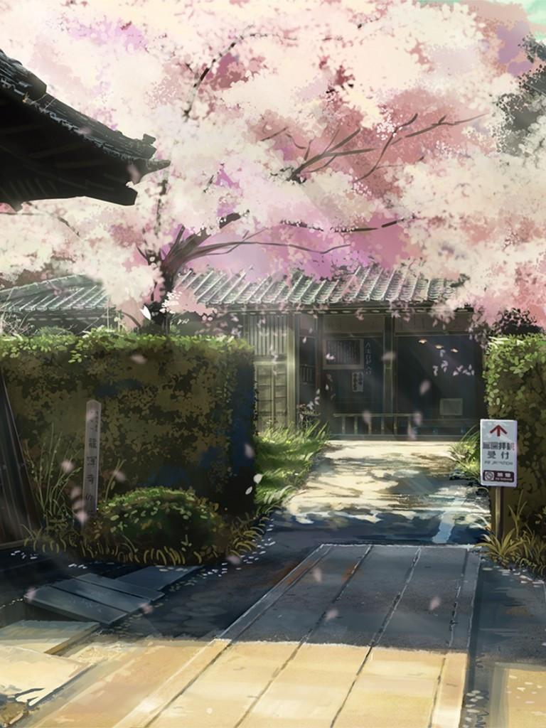 768x1024 Download 768x1024 Anime Building, Japanese House, Sakura Blossom, Scenic Wallpaper for Apple iPad Apple iPad Mini