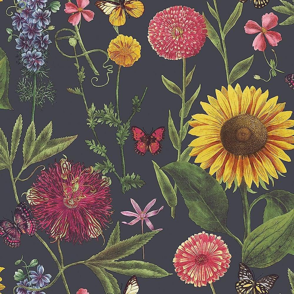 1000x1000 Summer Garden Floral Wallpaper Flower Sunflower Butterfly Leaf Charcoal Arthouse