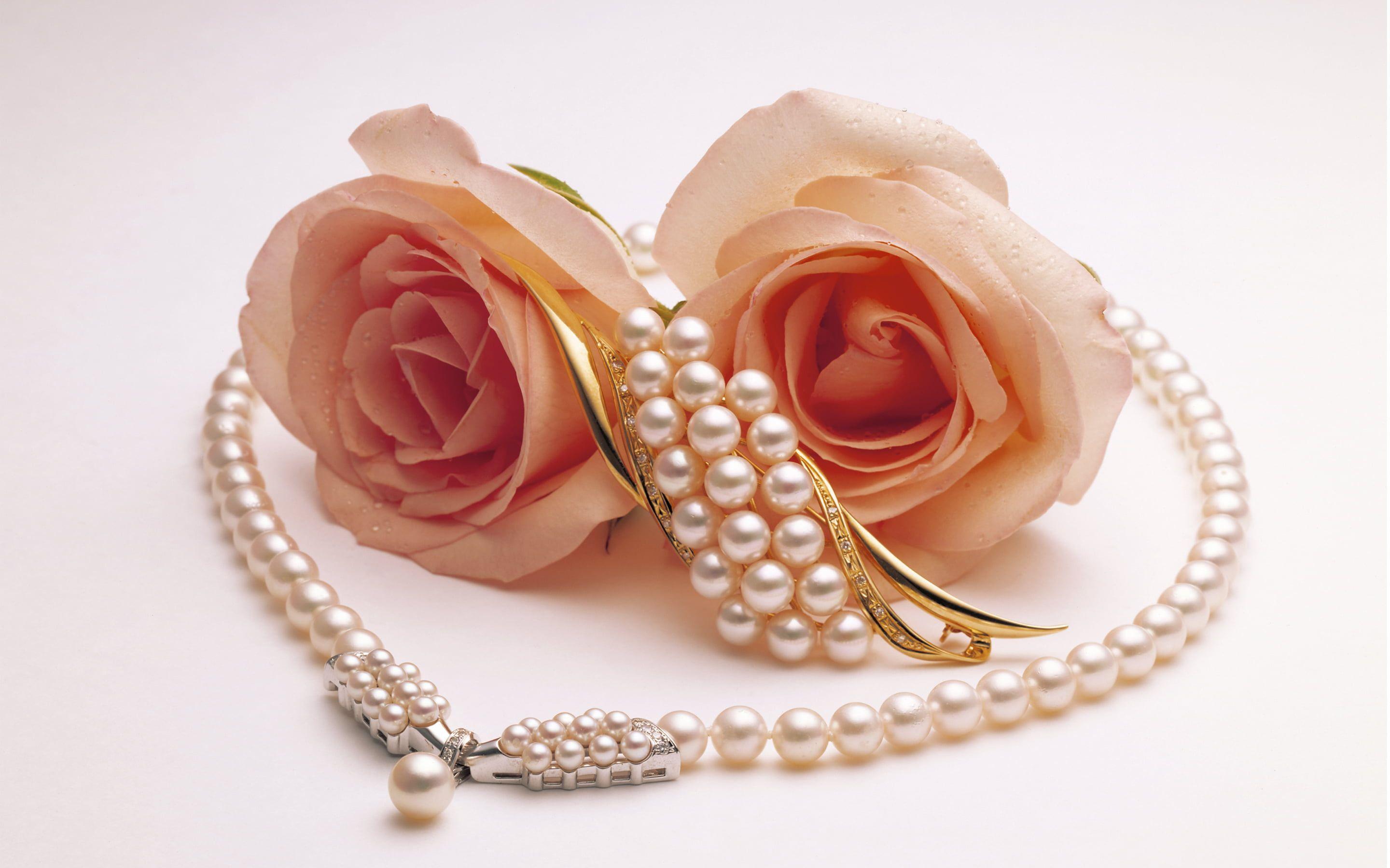2880x1800 Wallpaper Gold Colored Jewelry And Two Pink Roses, Pearl, Brooch, Fashion. Pearls, Jewelry, Pearl Brooch