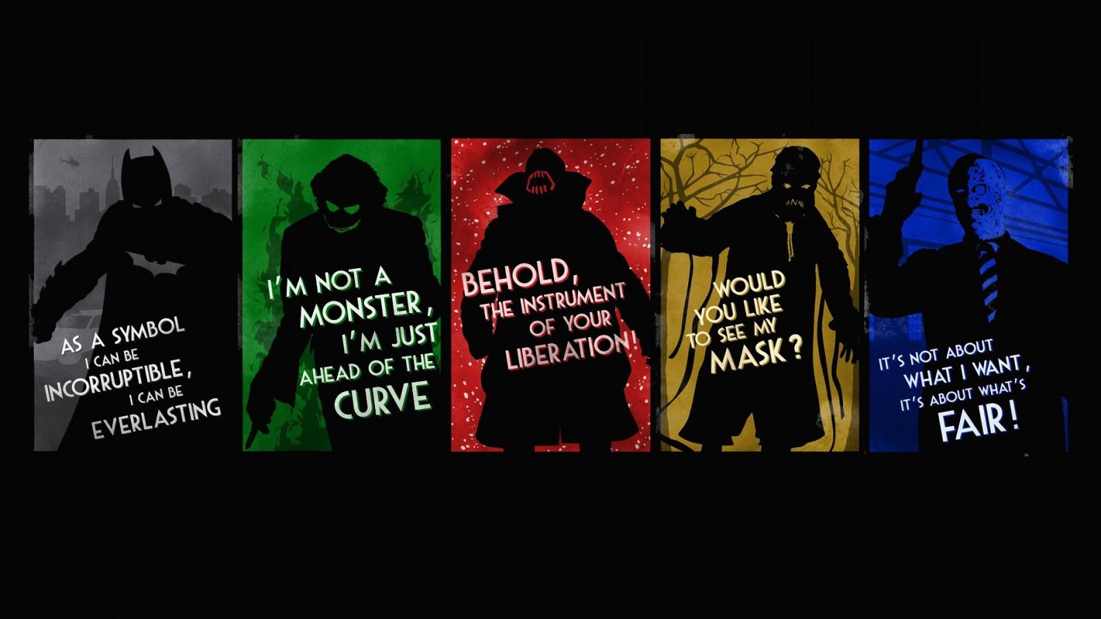 1600x900 illustration, quote, black background, collage, red, Batman, Joker, movies, text, green, yellow, blue, graphic design, poster, brand, Two Face, Bane, Scarecrow character, Gotham City, advertising, presentation, font, album cover