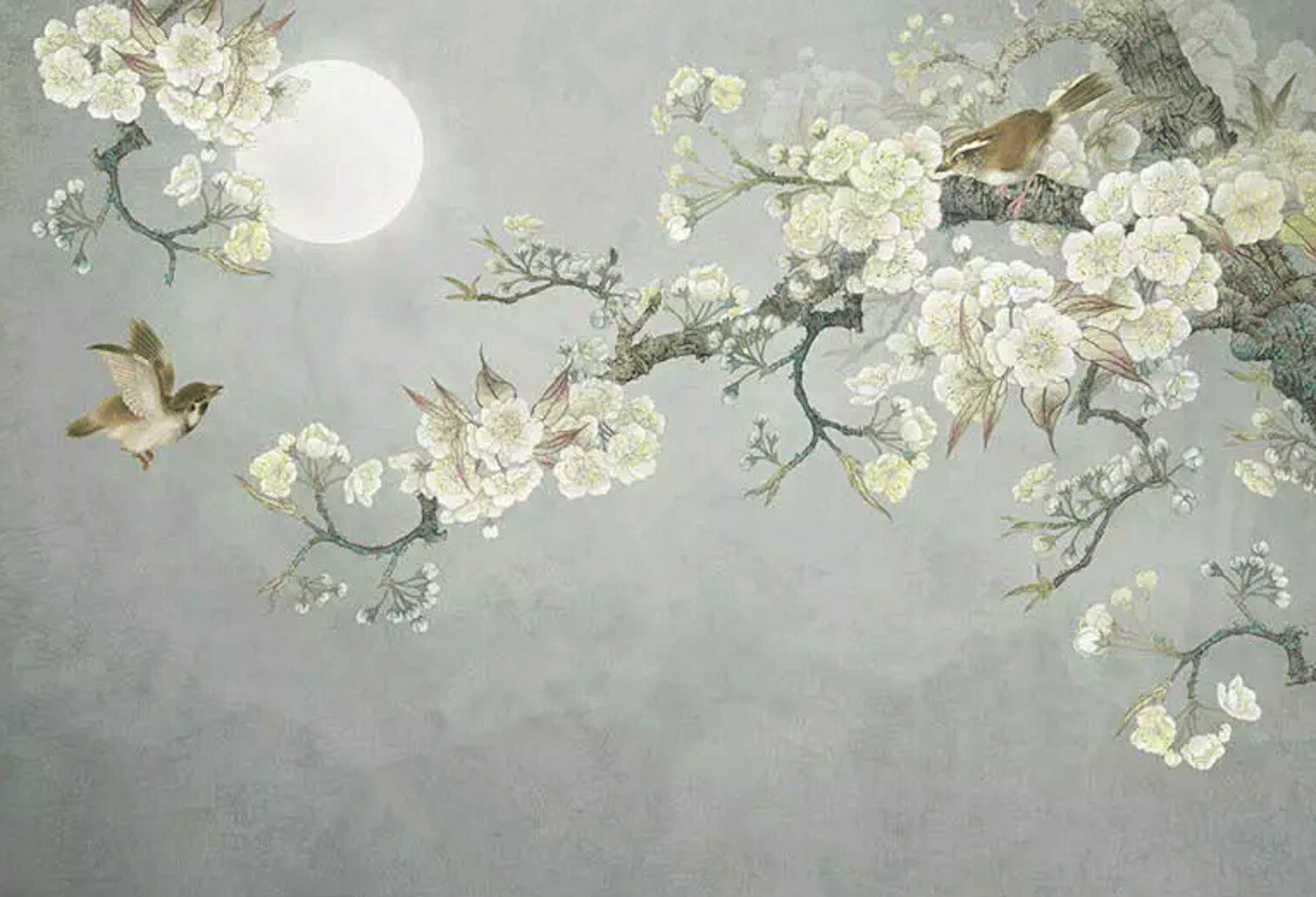1512x1031 One Allium Way® Davey Vintage Floral Plum Blossom Nightscape Wall Mural