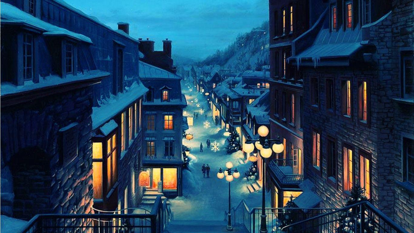 1366x768 Frosty Brush The Winter Town. Night painting, Painting wallpaper, City wallpaper
