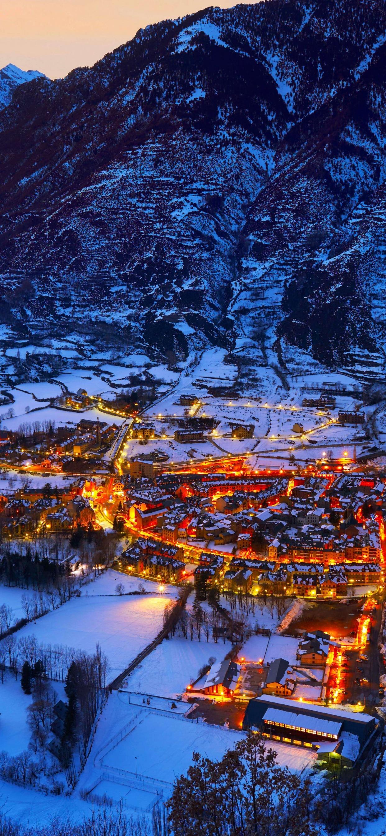 1242x2688 Spanish village Wallpaper 4K, Benasque, Town, Winter, Pyrenees, Mountains, World
