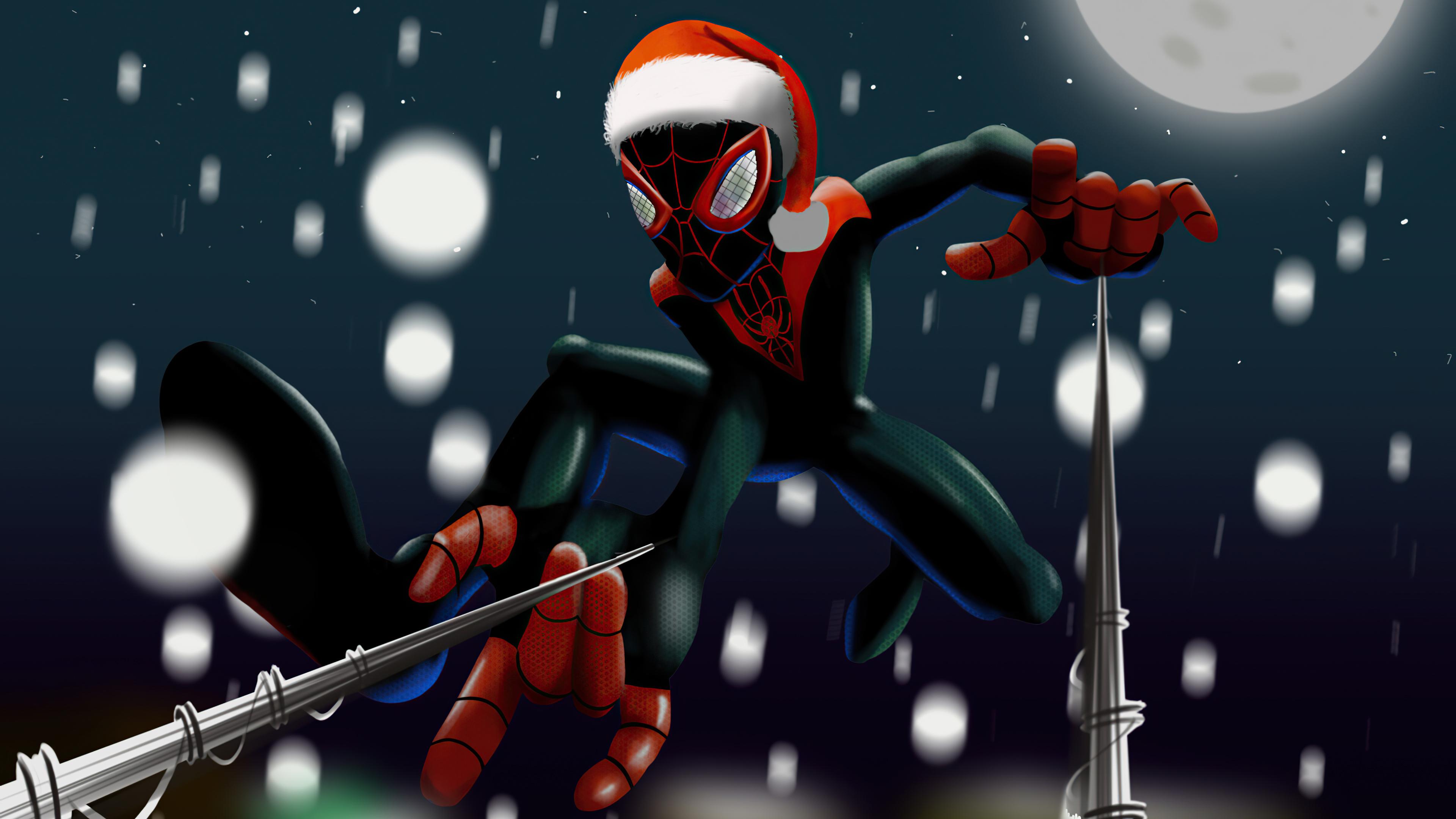 3840x2160 Marvel Comics Miles Morales Santa Hat Spider Man Spider Man Into The Spider Verse Wallpaper:3840x2160