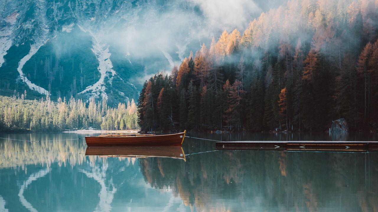1280x720 Wallpaper boat, mountains, lake, trees, autumn hd, picture, image
