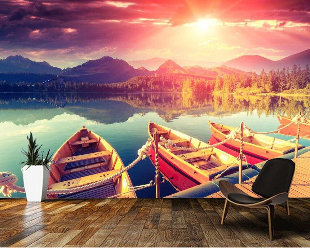 1000x800 Papel de parede Mountain lake boat in the sunset 3D wallpaper, living room tv bedroom wall papers home decor mural. Wallpaper
