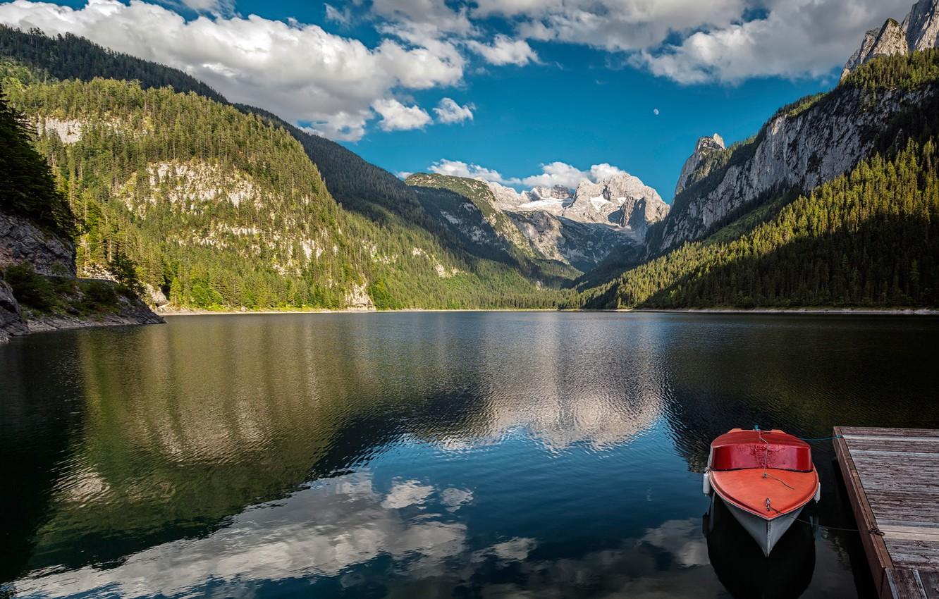 1332x850 Wallpaper mountains, lake, boat, Austria, Alps, Austria, Alps, Lake Gosau, Lake Gosau image for desktop, section пейзажи