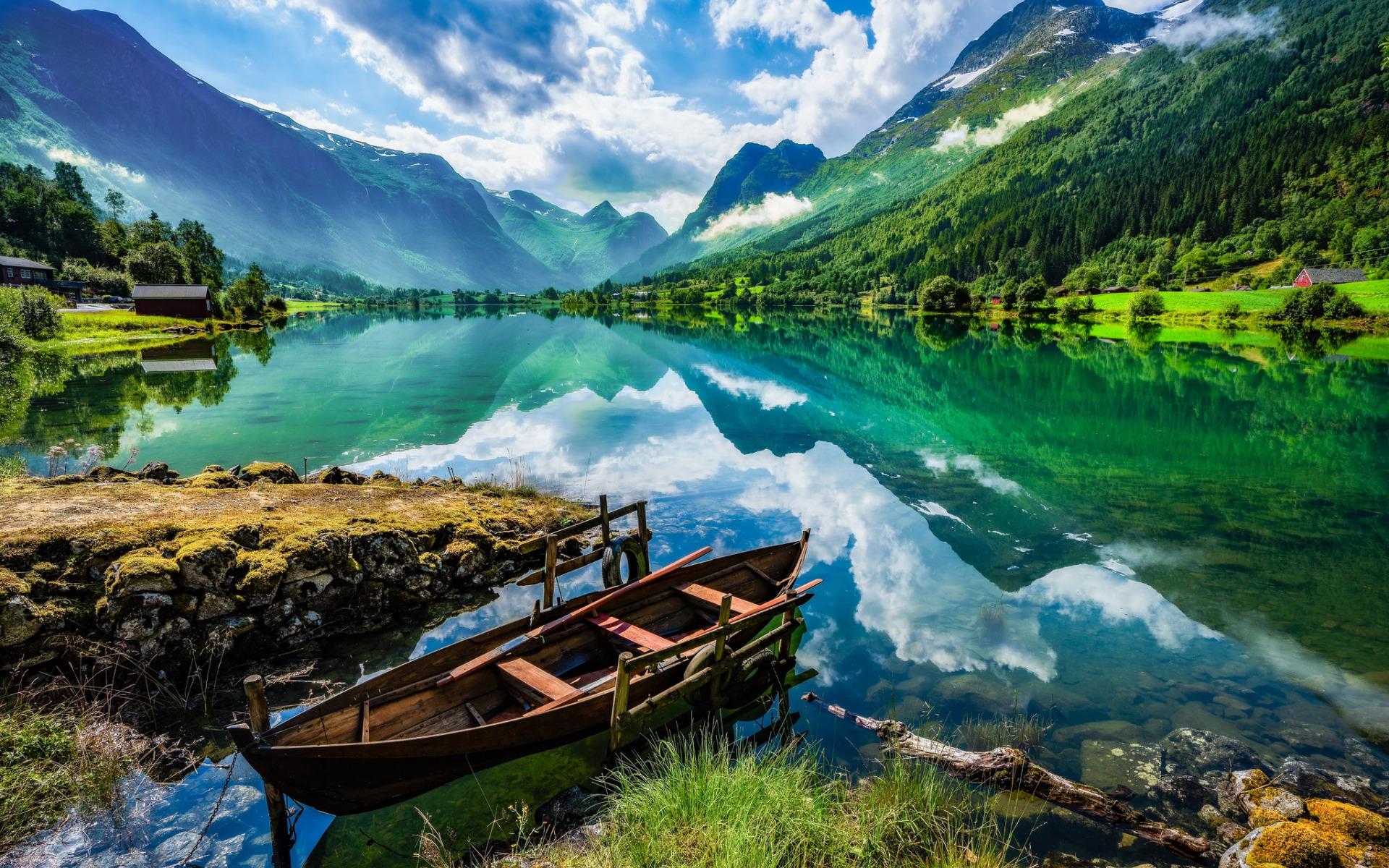 1920x1200 Download wallpaper mountain lake, hdr, glacial lake, spring, mountain landscape, wooden boat on the lake, Norway for desktop with resolution 1920x1200. High Quality HD picture wallpaper