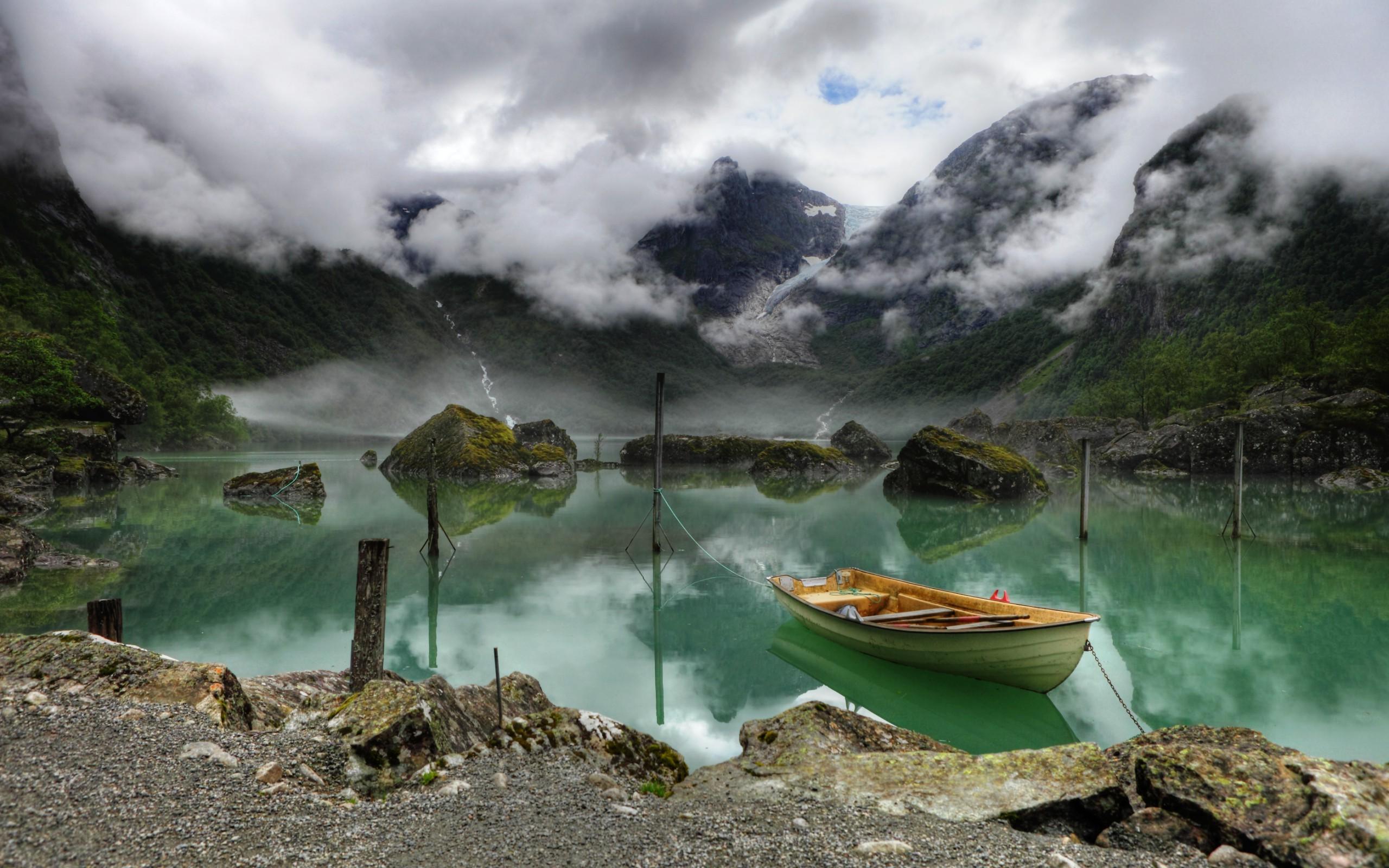 2560x1600 nature, Landscape, Lake, Boat, Mountain, Clouds Wallpaper HD / Desktop and Mobile Background