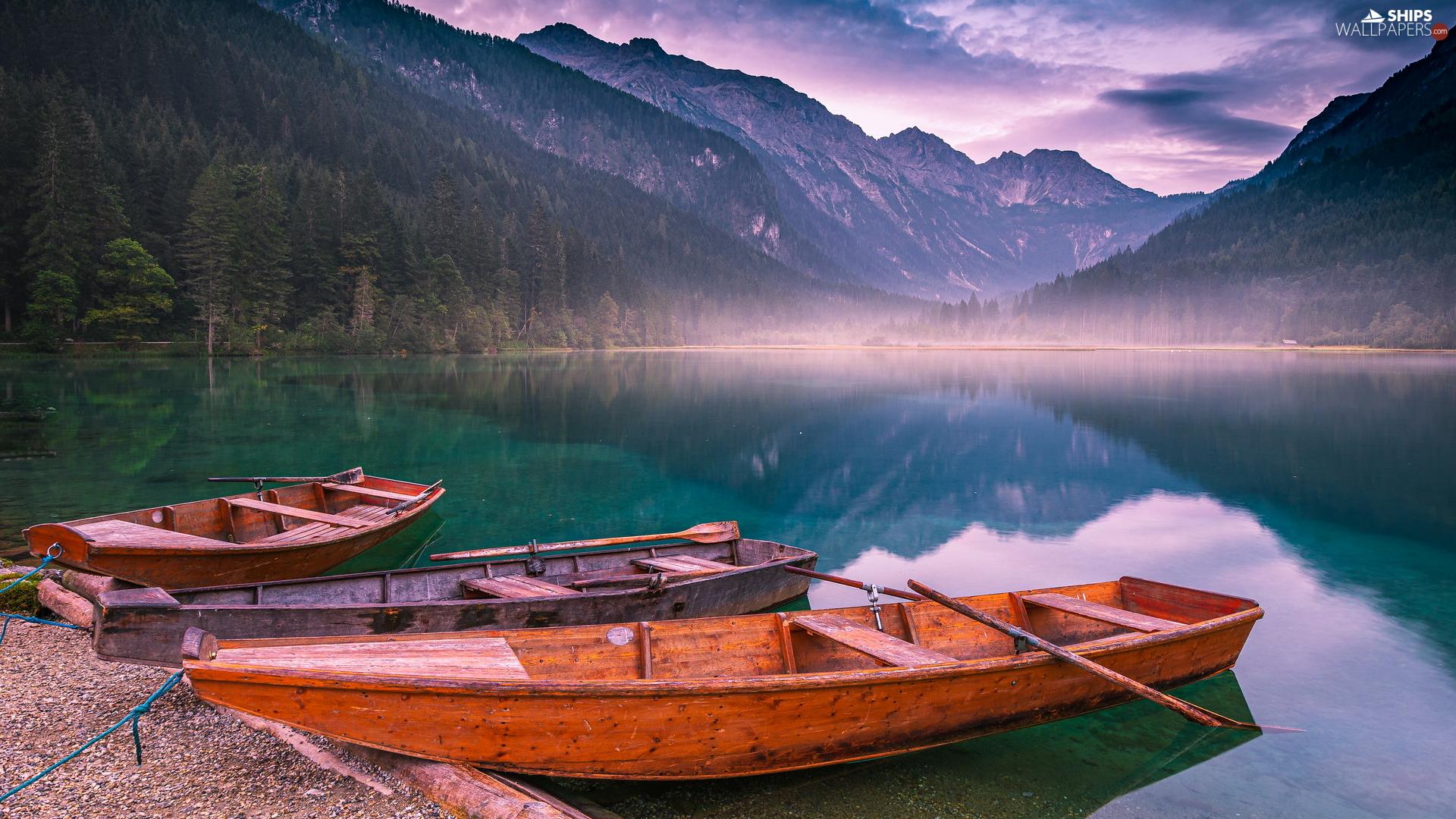 1920x1080 Three, boats, Fog, Mountains, lake wallpaper: 1920x1080