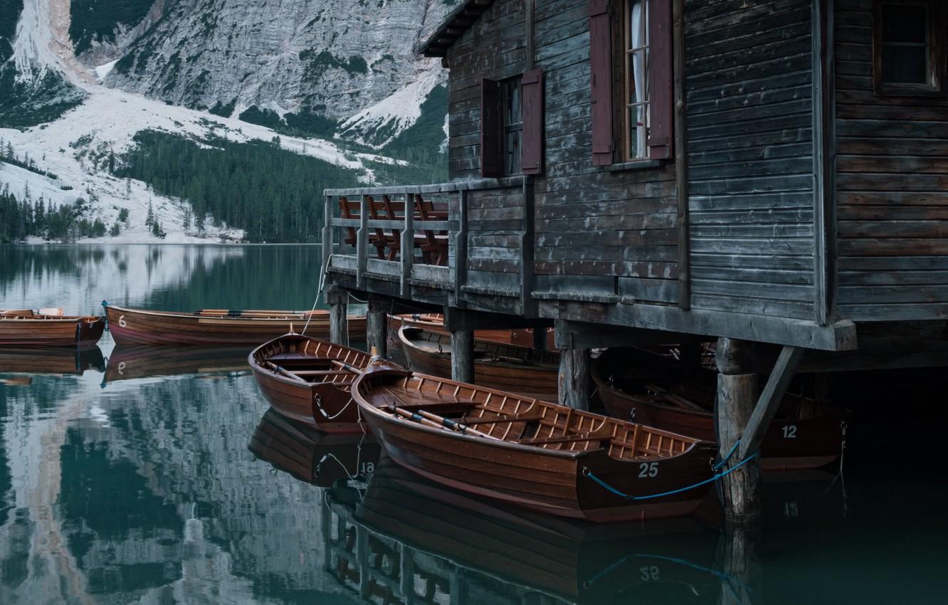 1332x850 Wallpaper water, snow, mountains, lake, house, boat, Windows, boats, pier image for desktop, section природа