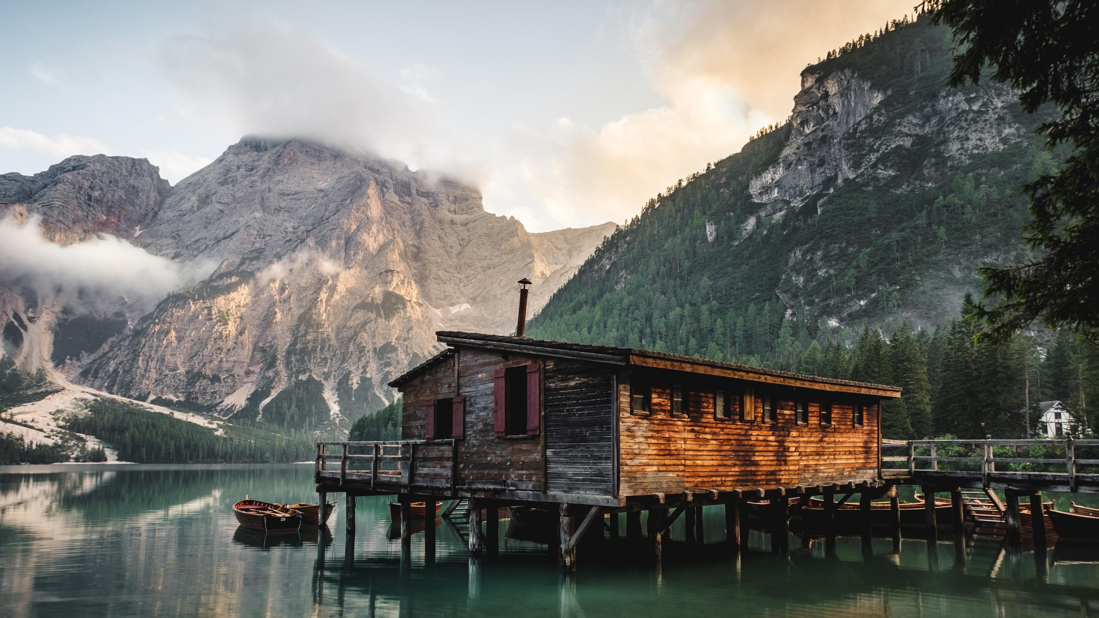 3840x2160 Download 3840x2160 Lake, Fog, Mountains, House, Boat Wallpaper for UHD TV