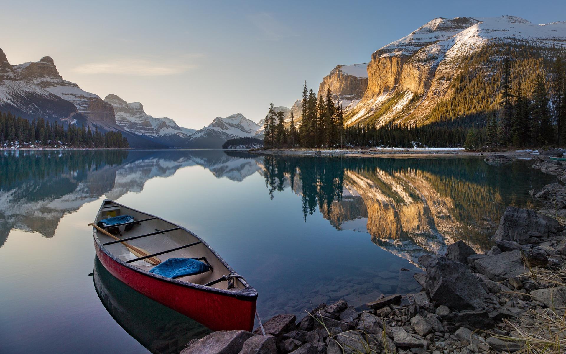 1920x1200 Download wallpaper Jasper National Park, Alberta, mountain lake, boat, spring, evening, sunset, mountain landscape, Canada for desktop with resolution 1920x1200. High Quality HD picture wallpaper