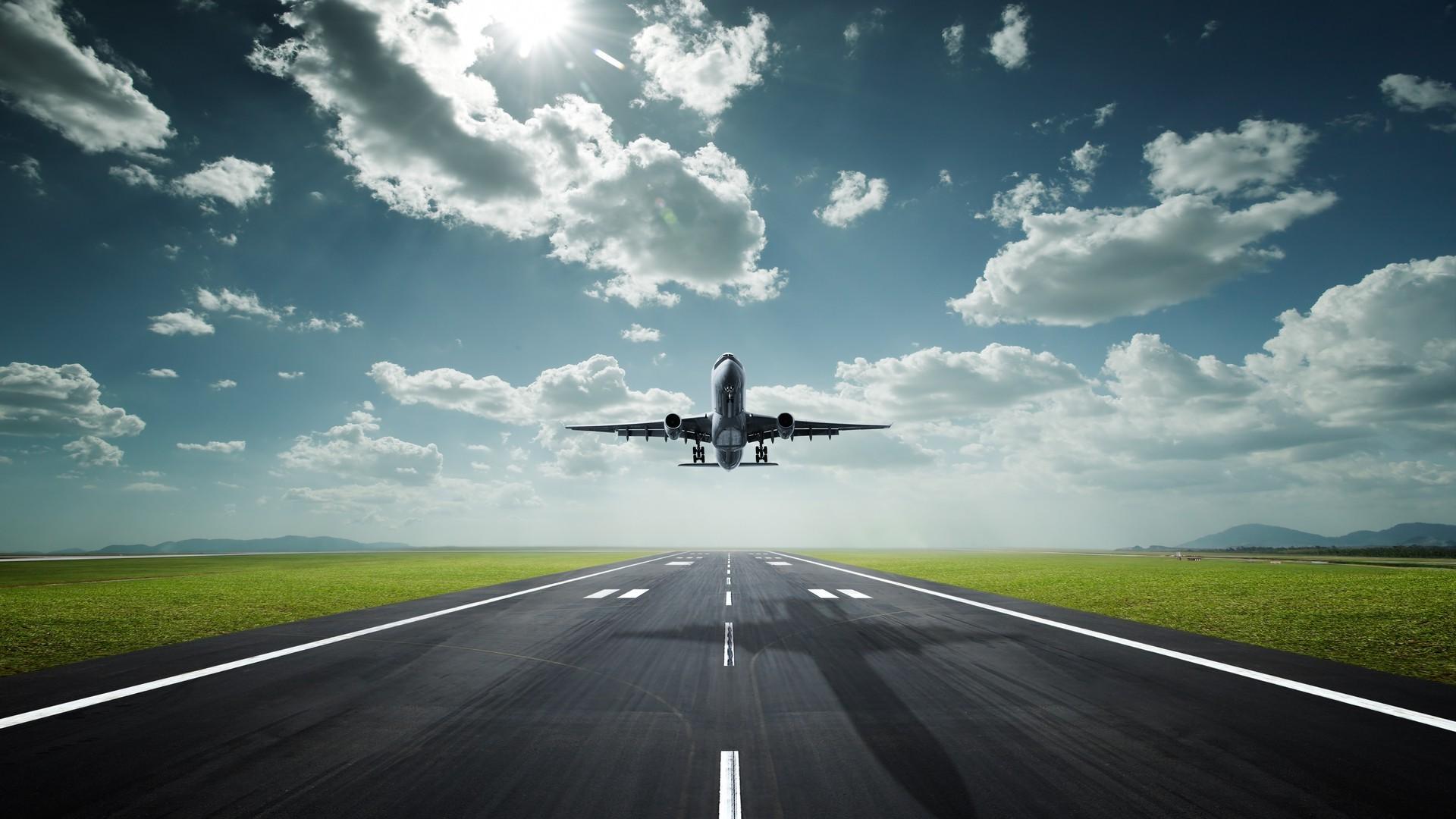 1920x1080 nature, Landscape, Road, Lines, Clouds, Airplane, Runway, Aircraft, Sunlight, Shadow, Field, Grass, Hill, Flying, Wheels Wallpaper HD / Desktop and Mobile Background