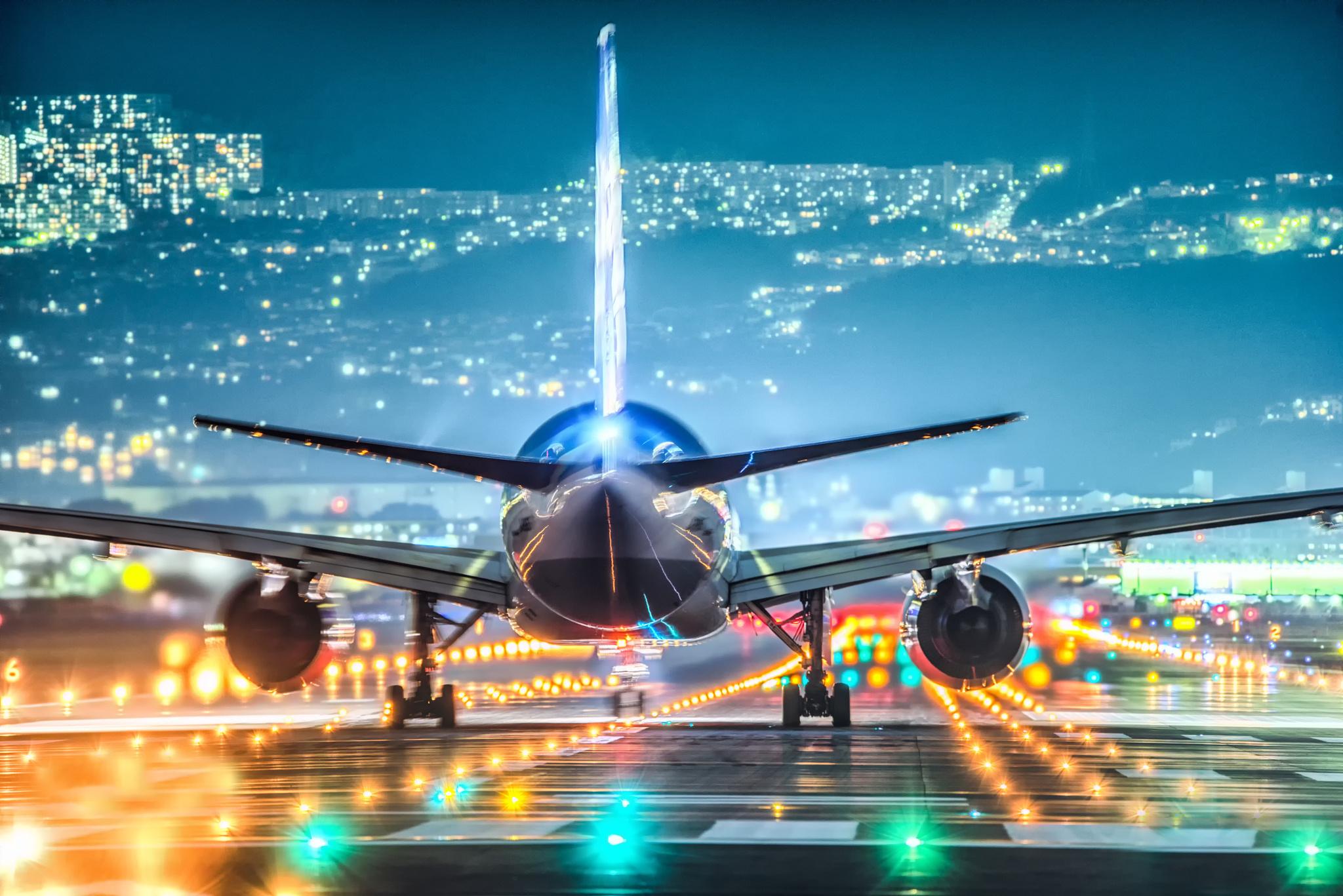 2048x1367 Wallpaper plane, runway, lights, city, osaka, airport, aircraft desktop wallpaper Aircrafts and Planes