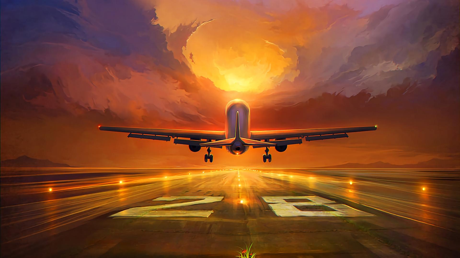 1920x1080 Wallpaper Plane, Runway, Art, Sunset, Sky