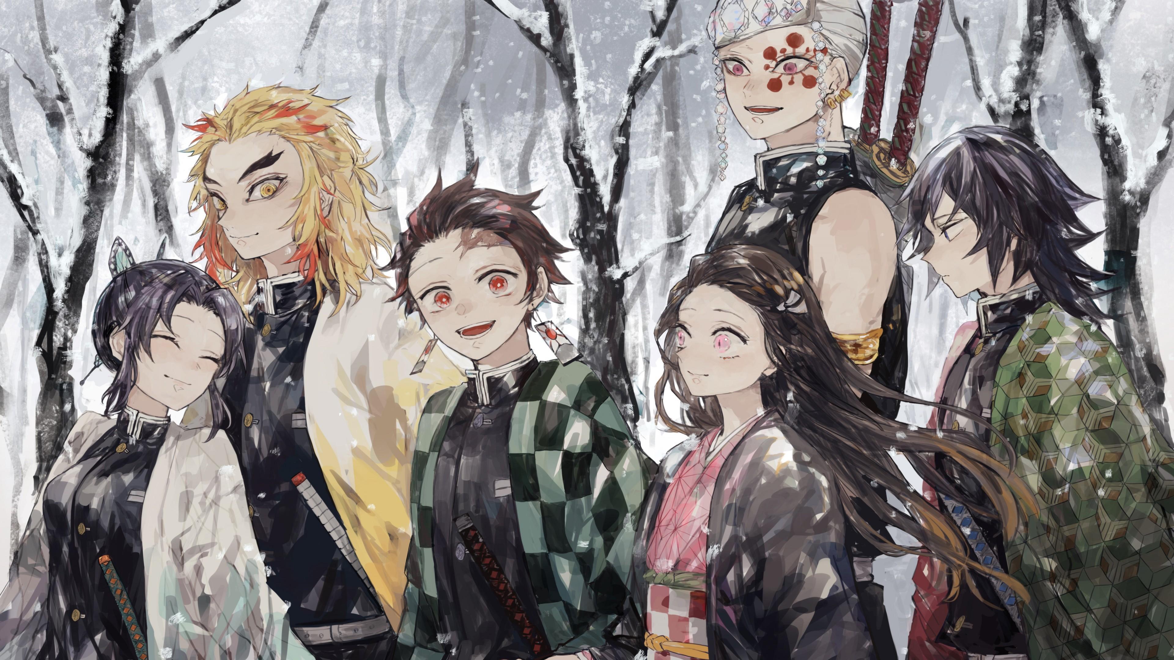 3840x2160 Demon Slayer Kimetsu no Yaiba Giyuu Tomioka Nezuko Kamado Shinobu Kochou Tanjirou Kamado With Background Of Dry Trees 4K 5K HD Anime Wallpaper