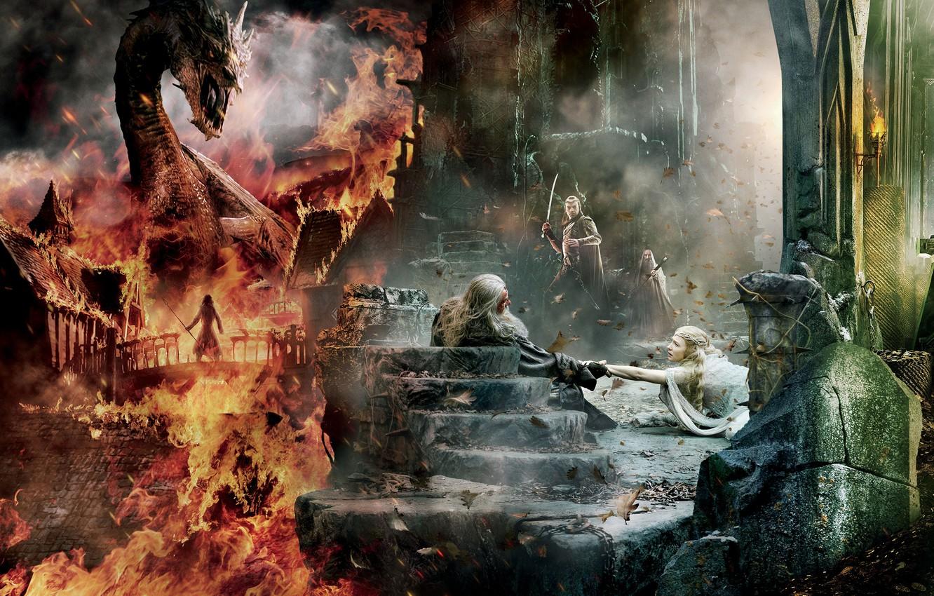 1332x850 Wallpaper Dragon, Fire, Wallpaper, Gandalf, Ian McKellen, Benedict Cumberbatch, Hugo Weaving, Weapons, Galadriel, Smaug, Sword, Elrond, Town, Wizard, Luke Evans image for desktop, section фильмы