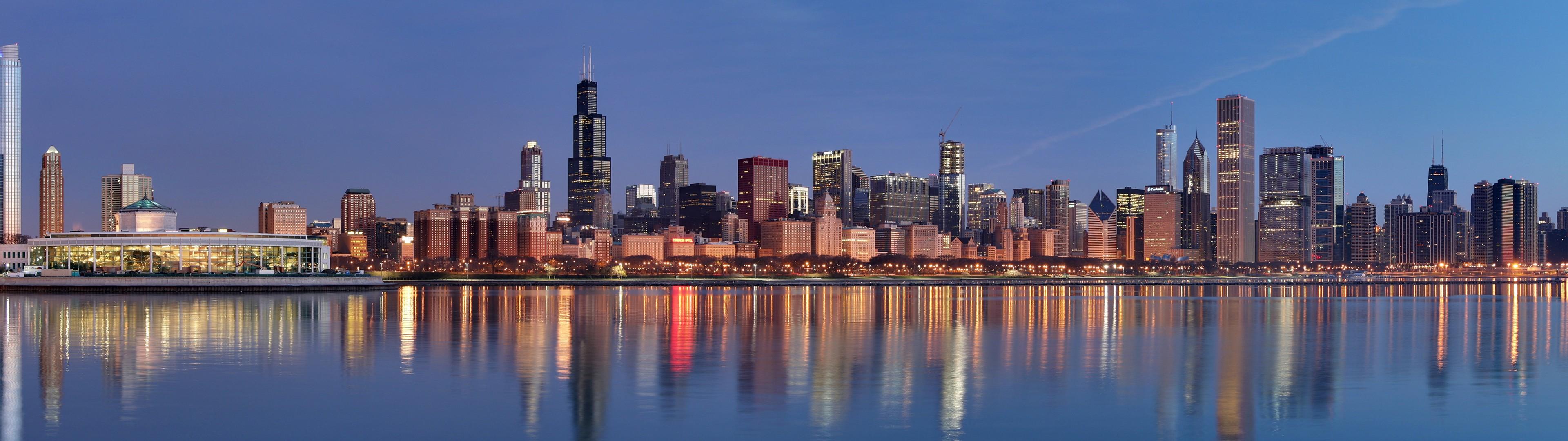 3840x1080 Download 3840x1080 Chicago, Illinois, USA, city, skyscraper, multiple display, reflection Wallpaper