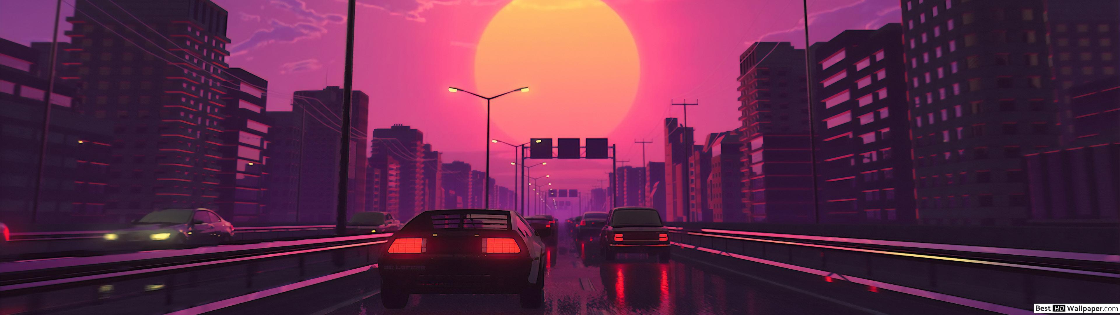 3840x1080 Retro city HD wallpaper download