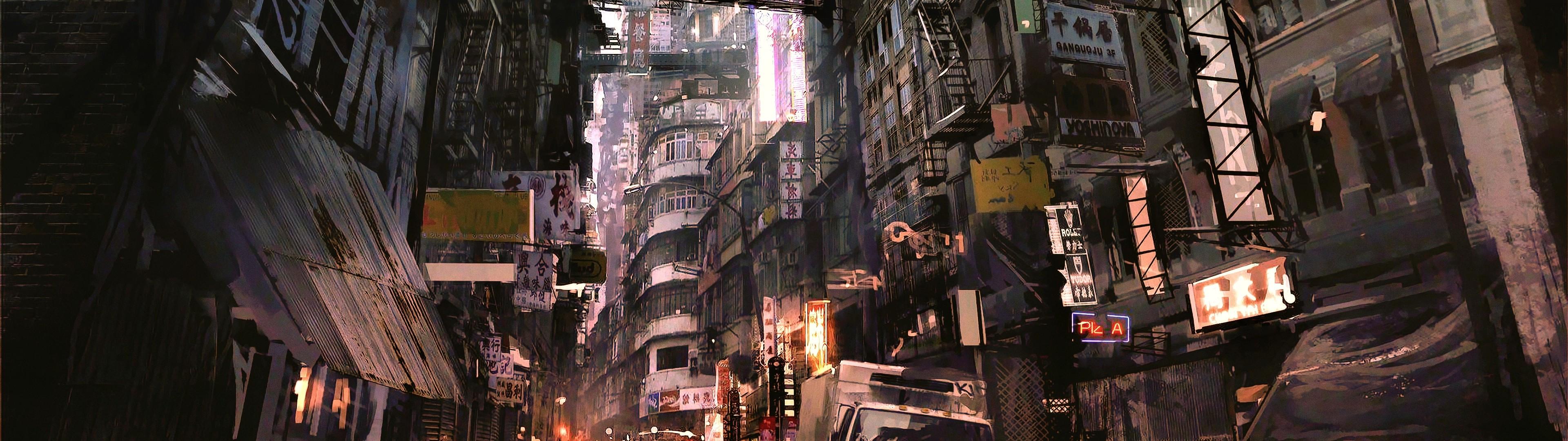 3840x1080 Download 3840x1080 Concept Design, Sci Fi, Skyscrapers, Futuristic City, Back Streets, People Wallpaper