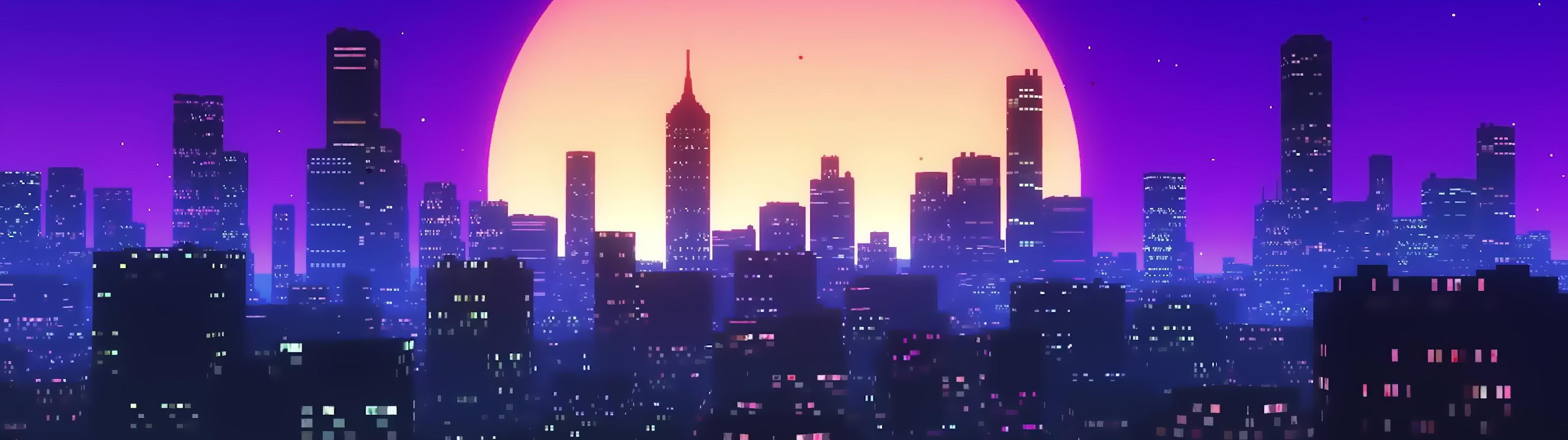 3840x1080 Minimalist City Night Buildings 4K Wallpaper