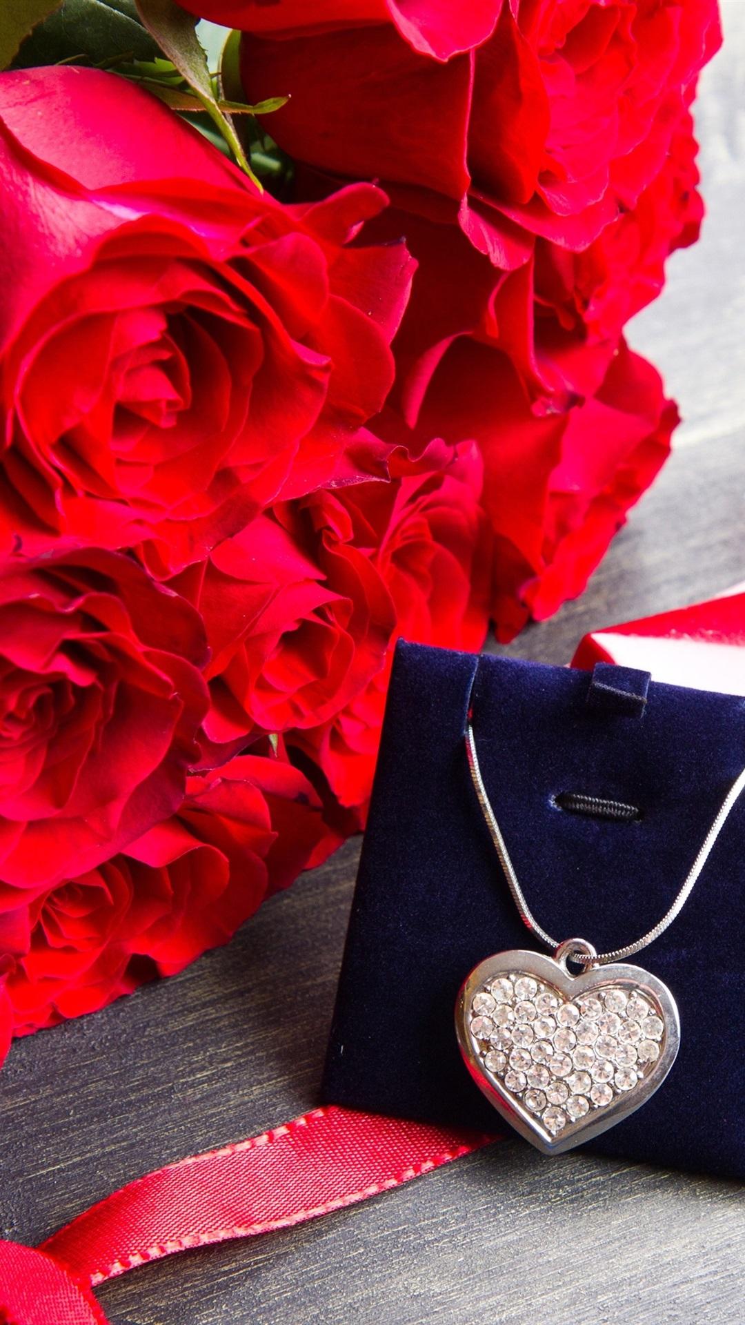1080x1920 Happy Valentine's Day, Romantic, Red Roses, Diamond Necklace 1080x1920 IPhone 8 7 6 6S Plus Wallpaper, Background, Picture, Image
