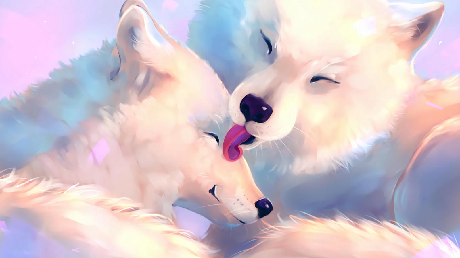 1600x900 Wallpaper Wolves, Artwork, Care, Art, Cute