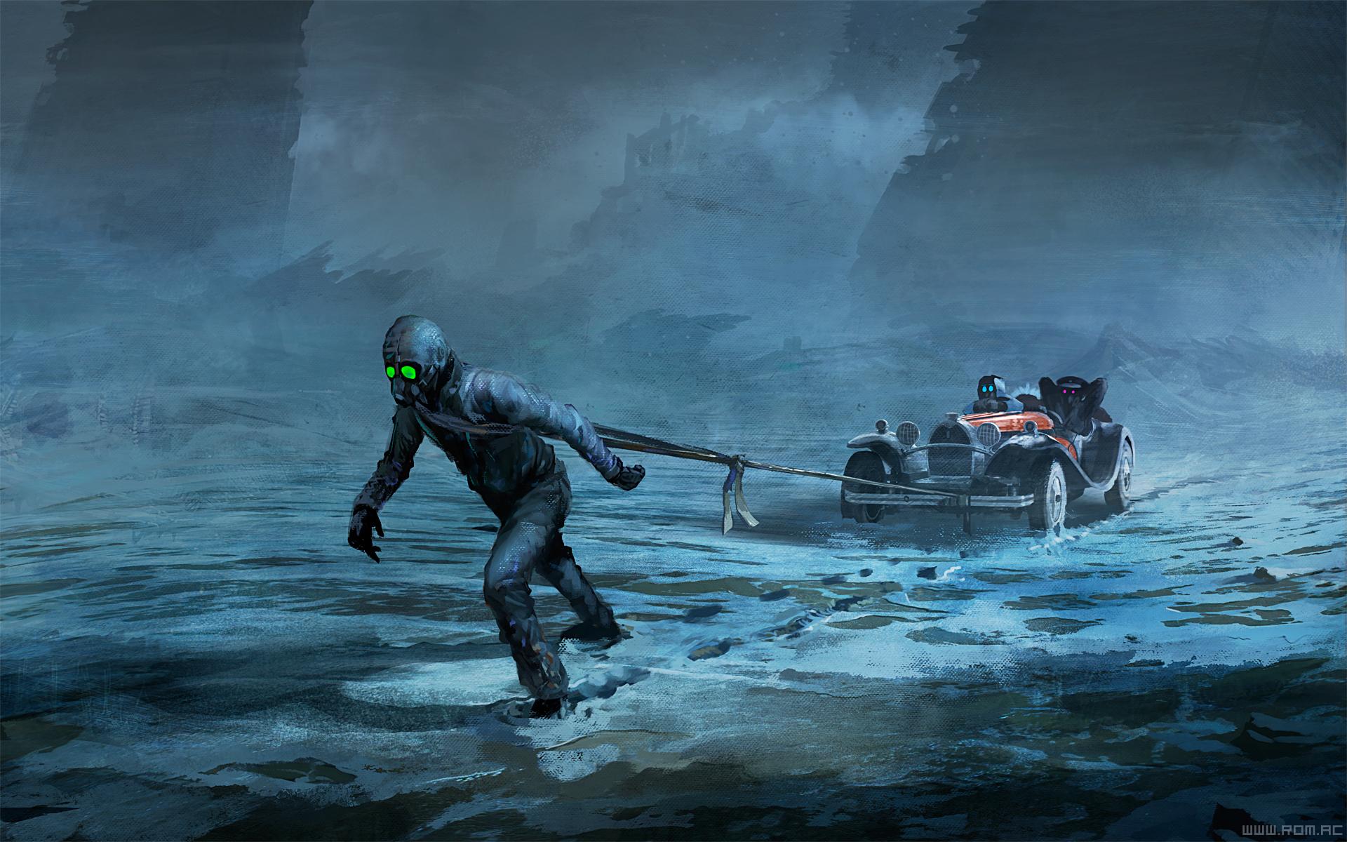 1920x1200 Romantically Apocalyptic, Digital art, Apocalyptic, Fantasy art, Gas masks, Car, Classic car, Cabrio, Ropes, Ice Wallpaper HD / Desktop and Mobile Background