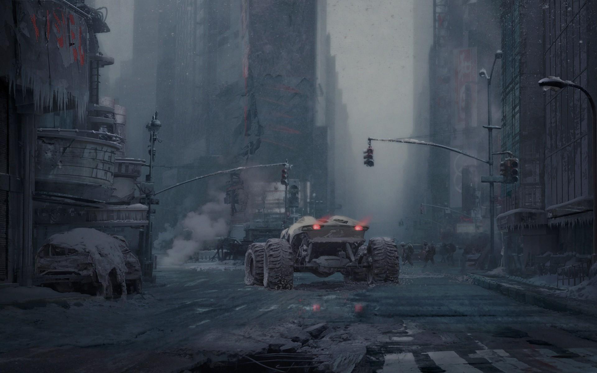 1920x1200 #car, #people, #wreck, #artwork, #apocalyptic, #science fiction, #building, #road, #dystopian wallpaper. Mocah HD Wallpaper
