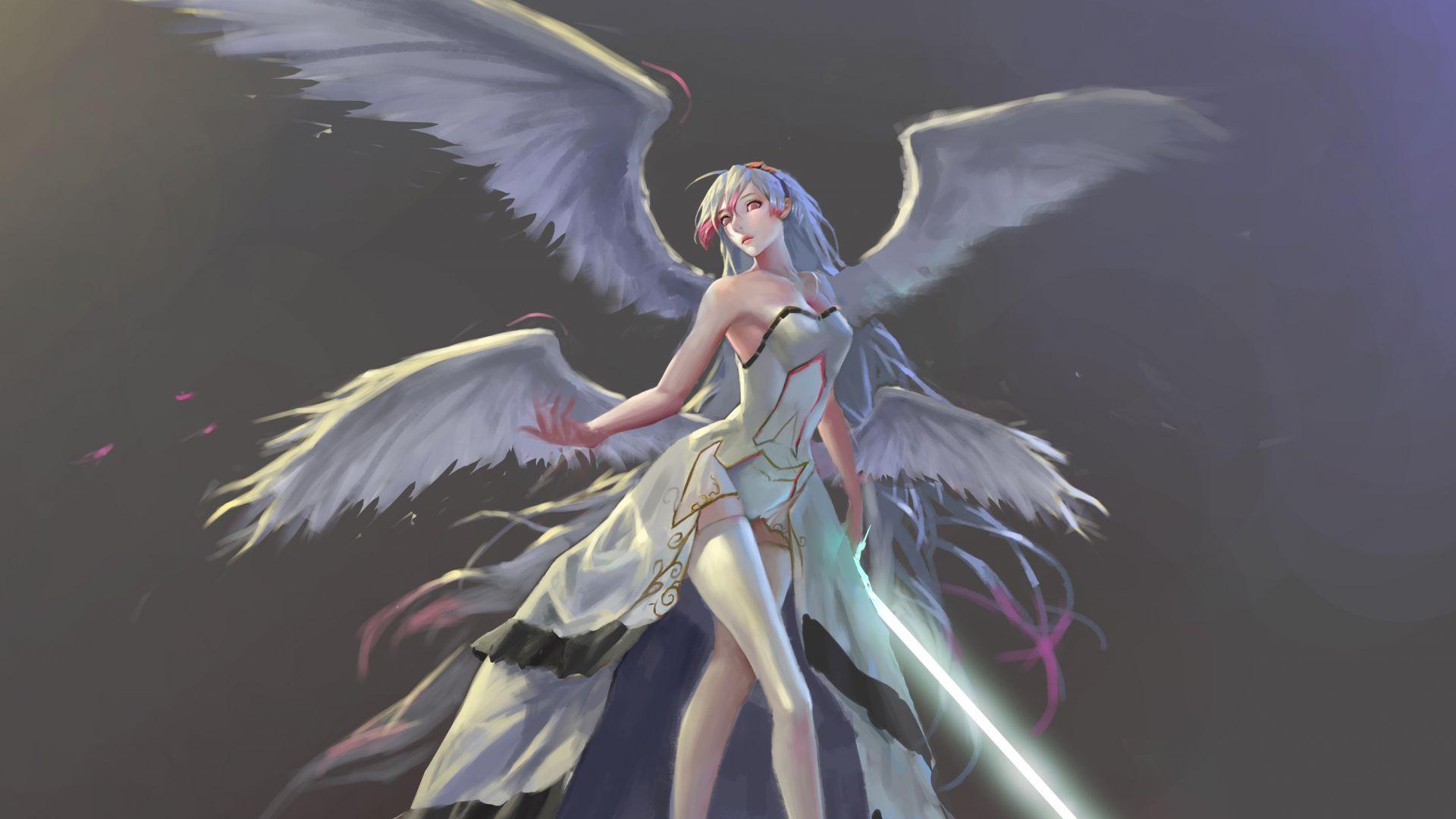 1920x1080 Desktop wallpaper angel with sword, white hair, dungeon fighter online, HD image, picture, background, 9e5a2b