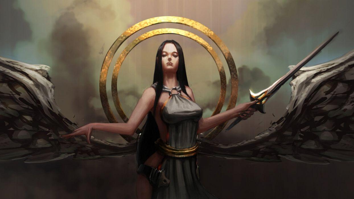 1244x700 Girl sword wings blade circle angel art weapons wallpaperx1080