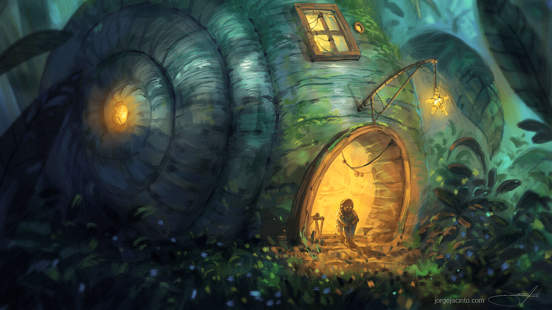 1920x1080 night, lantern, sitting, Shell, plants, digital art, fantasy architecture, fantasy art, artwork, alone, house, Jorge Jacinto. Mocah HD Wallpaper