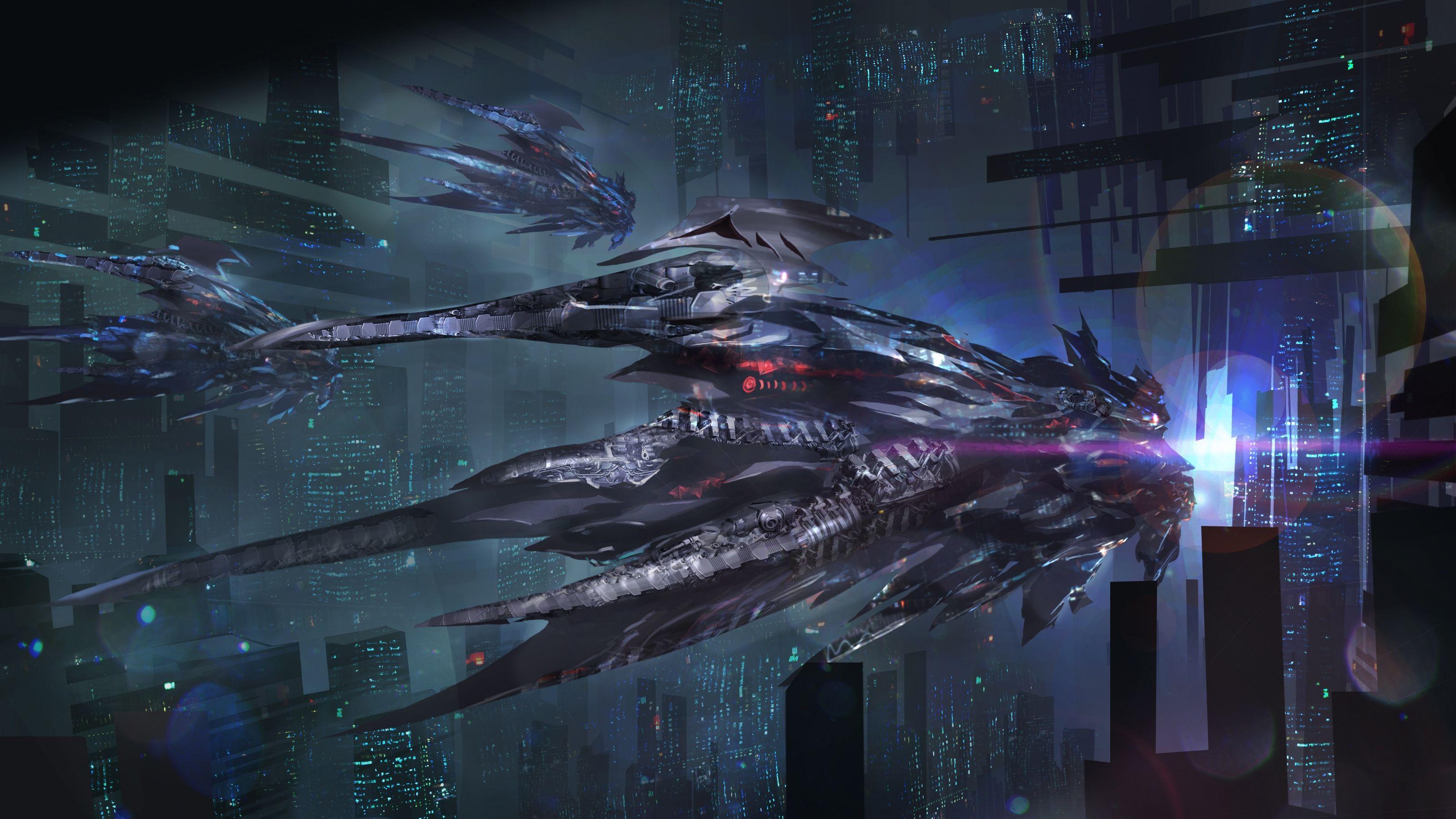 3200x1800 Wallpaper Futuristic City, Sci Fi, Spaceships, Light, Skyscrapers