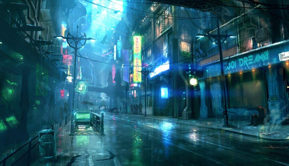 1218x700 Cyberpunk Futuristic City Raining Street Lights People Sci Fi
