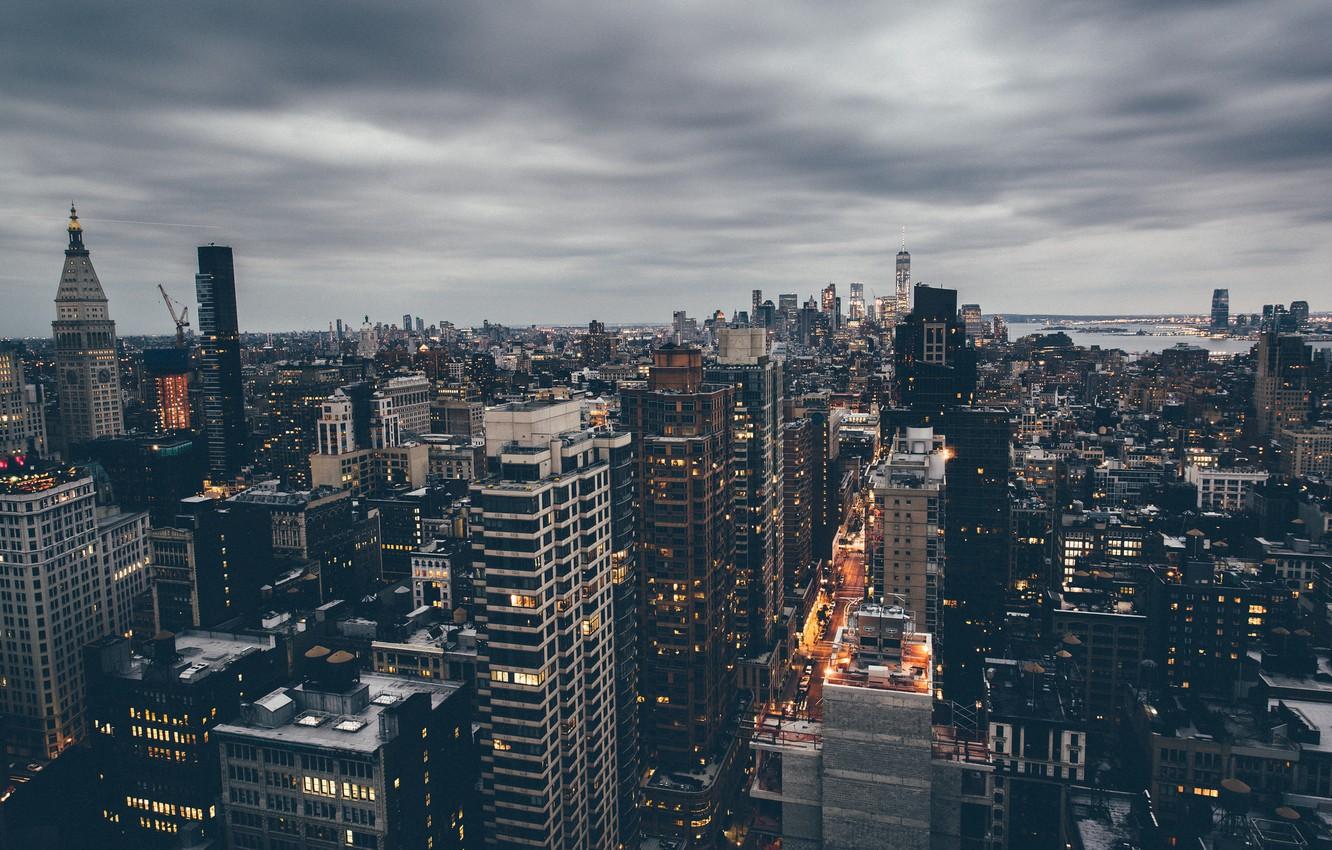 1332x850 Wallpaper clouds, street, New York, panorama, twilight, Manhattan, United States, rainy image for desktop, section город