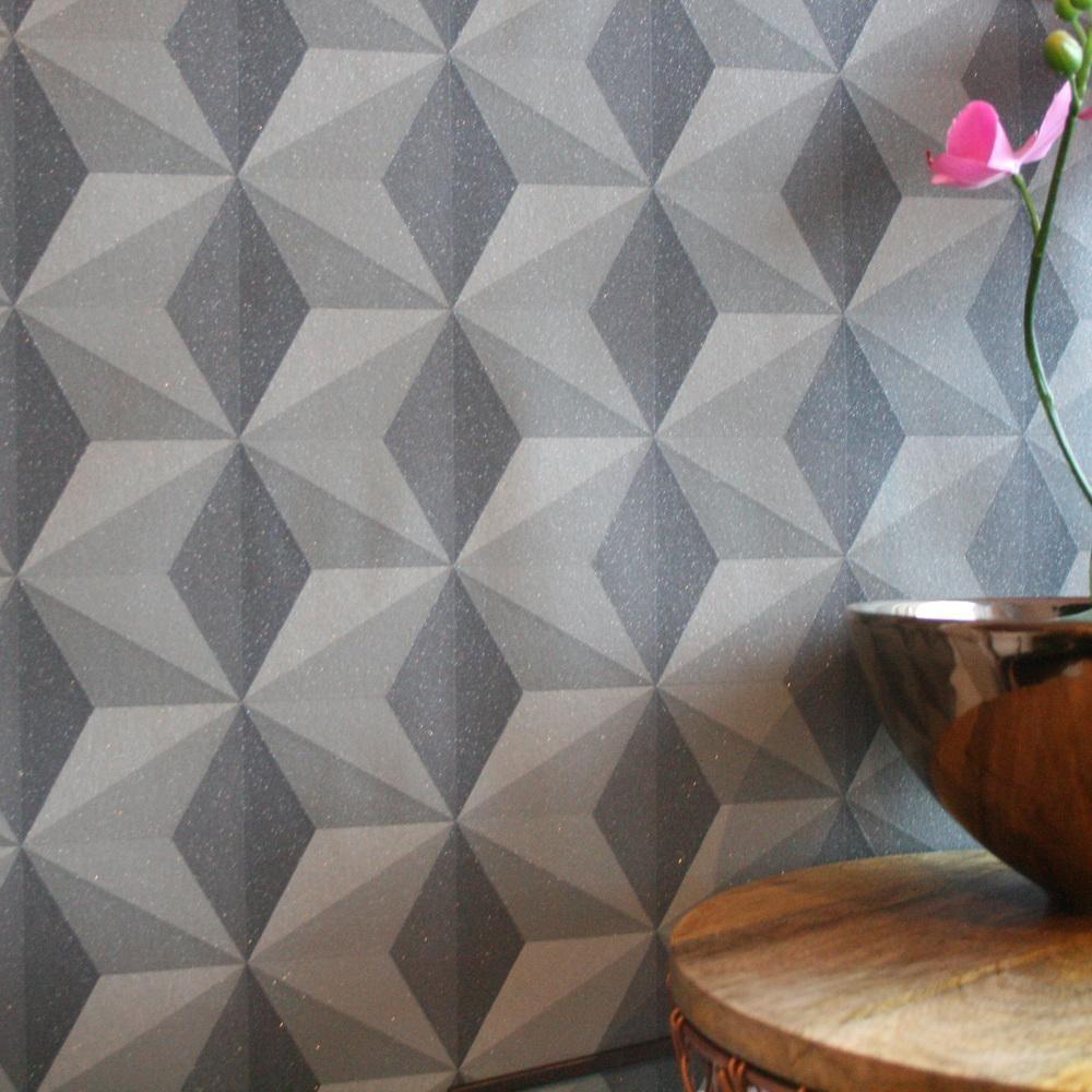 1000x1000 Cuboid Geometric Wallpaper. Charcoal, Grey & Glitter