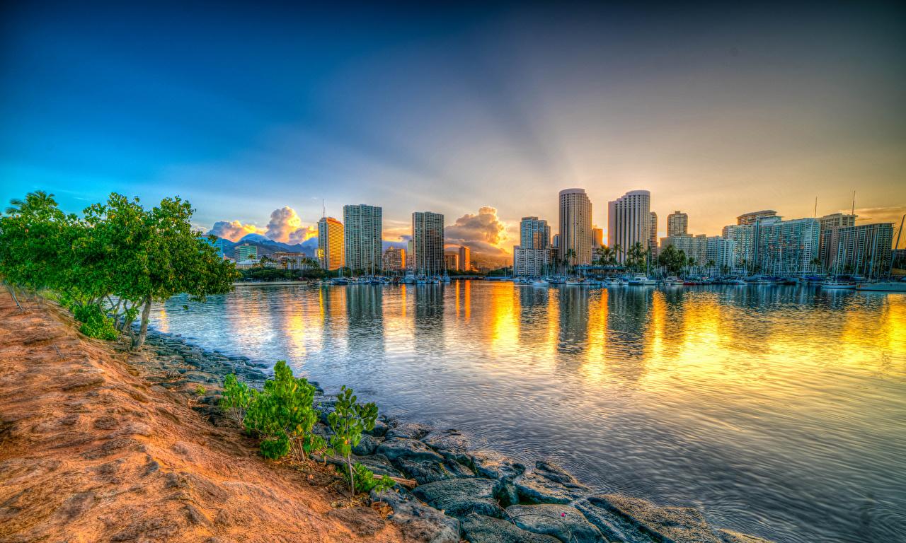 1280x768 Desktop Wallpaper Hawaii Honolulu HDR Sunrises and sunsets Bay